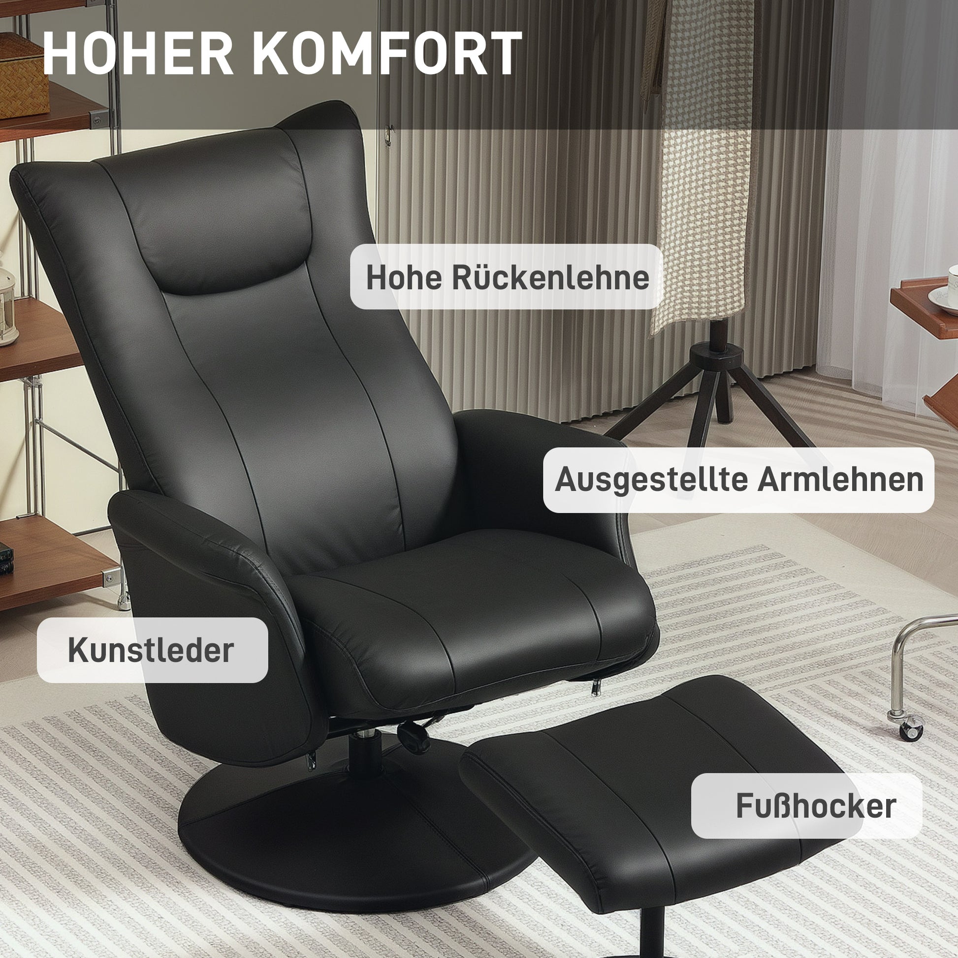 Recliner Chair with Stool 360° Rotating TV Chair with Reclining Function Relax Chair with Adjustable Backrest TV Chair up to 150 kg Load for Living Room Faux Leather, Black
