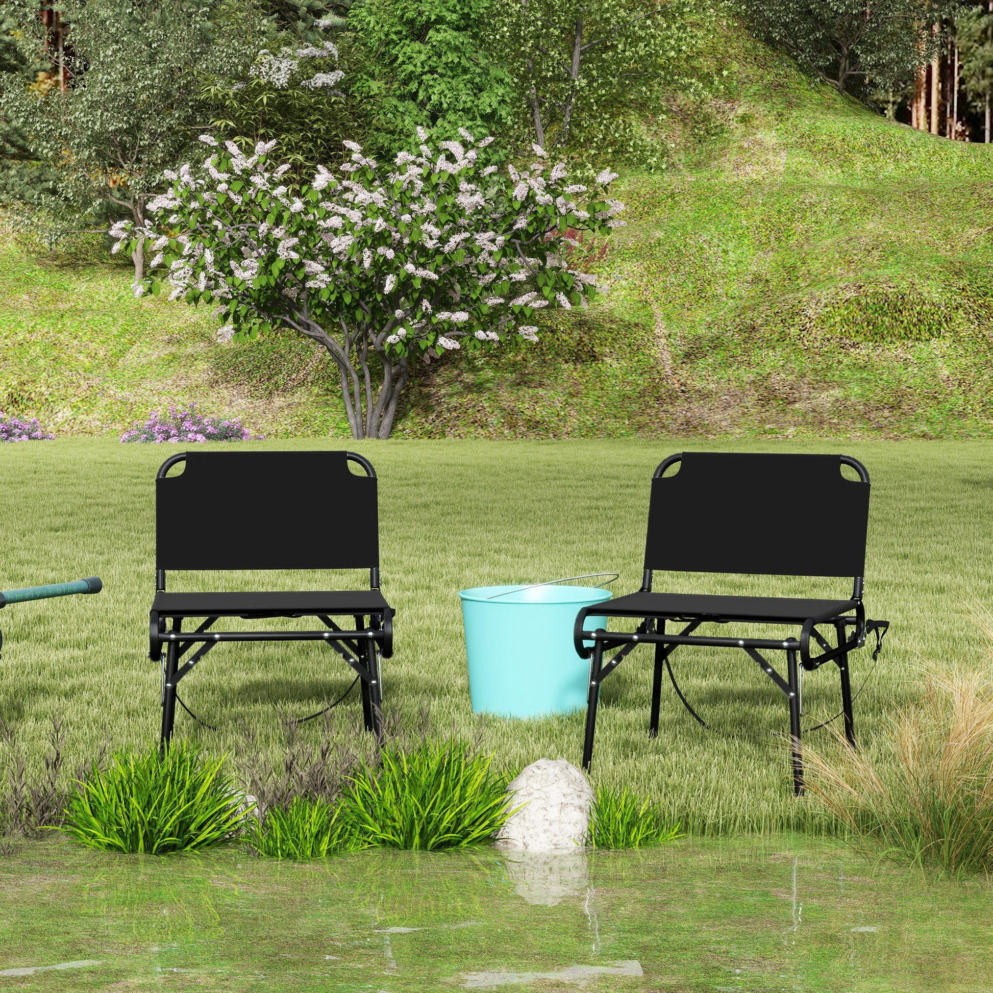 Set of 2 Multifunctional Folding Chairs, Camping and Bleacher Seats with Metal Frame and Black Oxford Fabric