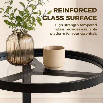 Round Glass Side Table with Geometric Metal Frame, Modern Accent Table for Small Spaces, Living Room & Bedroom, Black