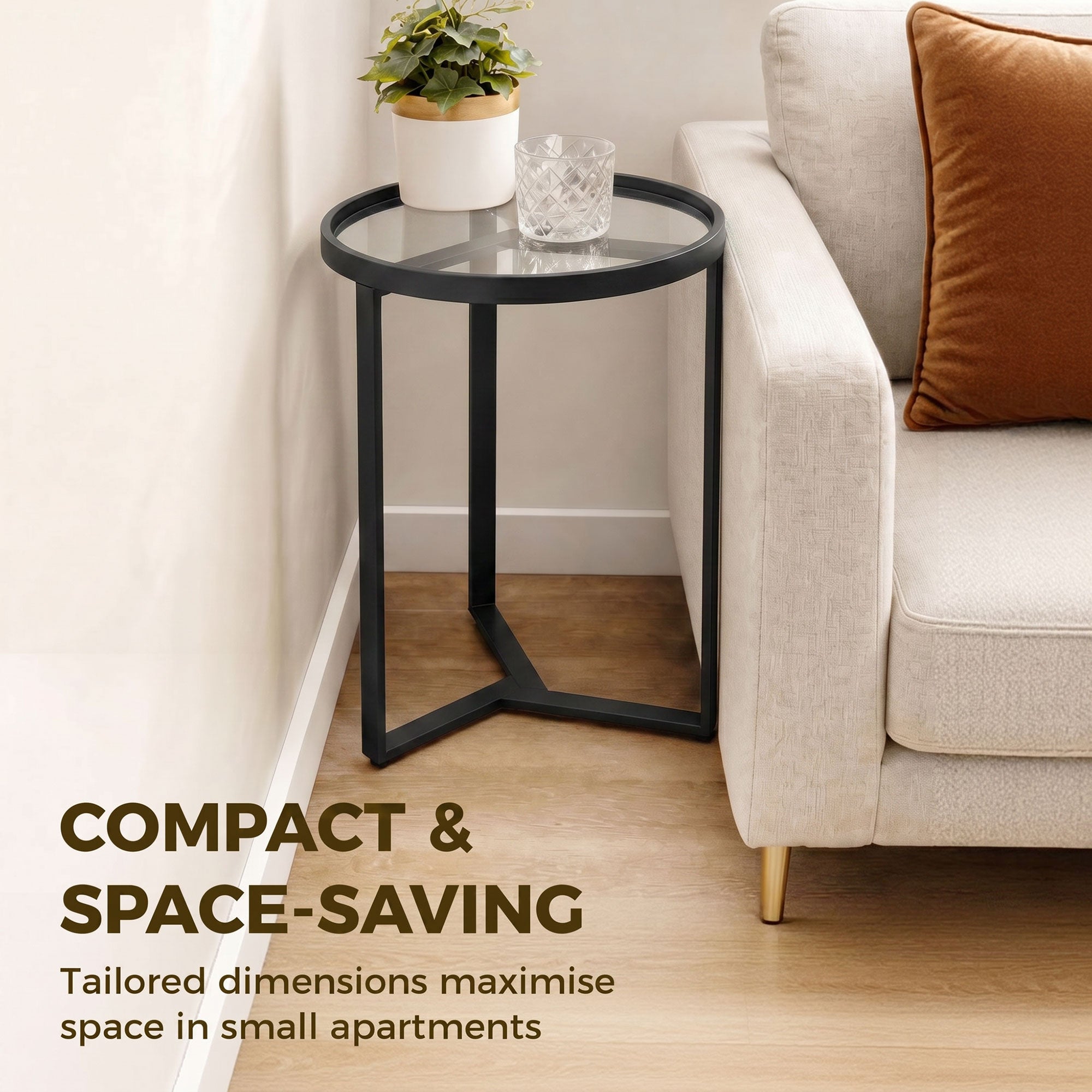 Round Glass Side Table with Geometric Metal Frame, Modern Accent Table for Small Spaces, Living Room & Bedroom, Black