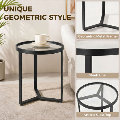 Round Glass Side Table with Geometric Metal Frame, Modern Accent Table for Small Spaces, Living Room & Bedroom, Black