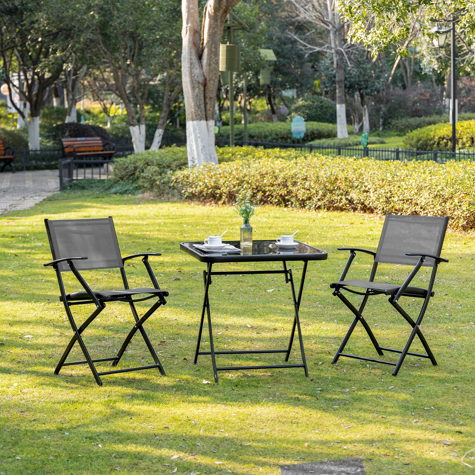 Folding Dining Set 3 Pcs Balcony Set Balcony Furniture 1 Table+2 Chairs Garden Furniture Set Seating Group Metal Mesh Black+Gray