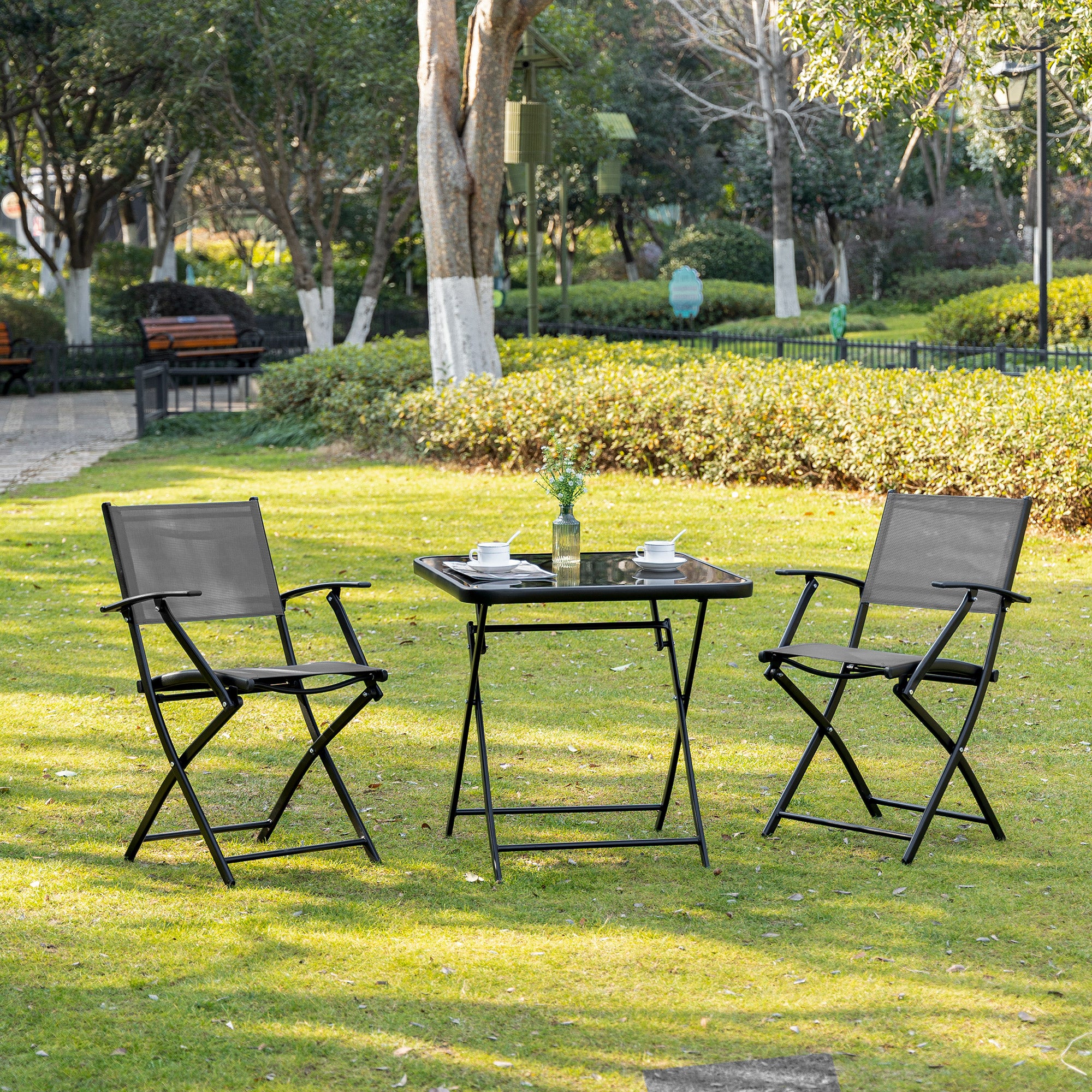 Folding Dining Set 3 Pcs Balcony Set Balcony Furniture 1 Table+2 Chairs Garden Furniture Set Seating Group Metal Mesh Black+Gray