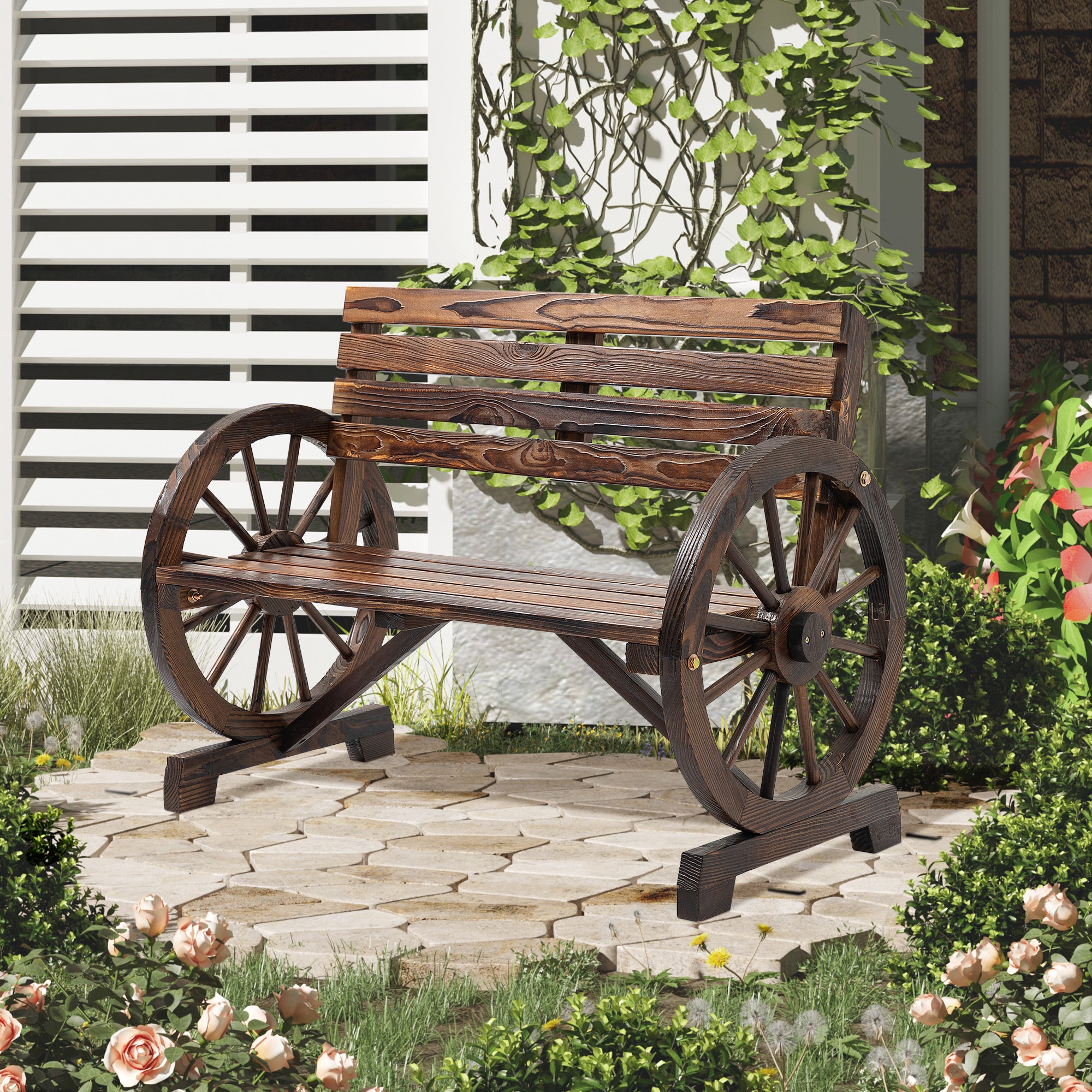 2-Seater Garden Bench, Weather-Resistant Bench with Backrest and Armrests in Wheel Shape, Park Bench with 240kg Capacity, Balcony Bench, Wooden Bench for Balcony, Garden, 105.5 x 56 x 79 cm, Brown