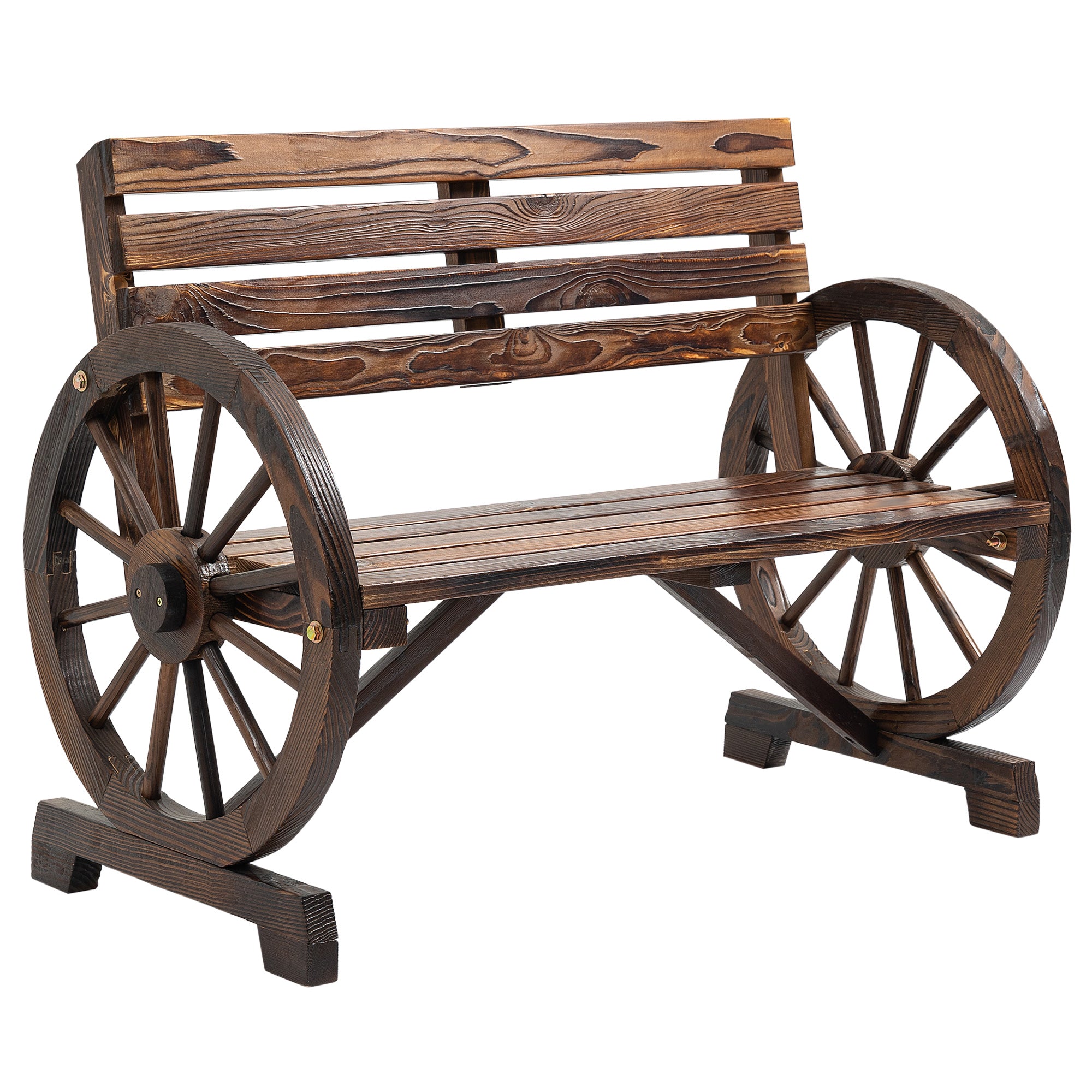 2-Seater Garden Bench, Weather-Resistant Bench with Backrest and Armrests in Wheel Shape, Park Bench with 240kg Capacity, Balcony Bench, Wooden Bench for Balcony, Garden, 105.5 x 56 x 79 cm, Brown