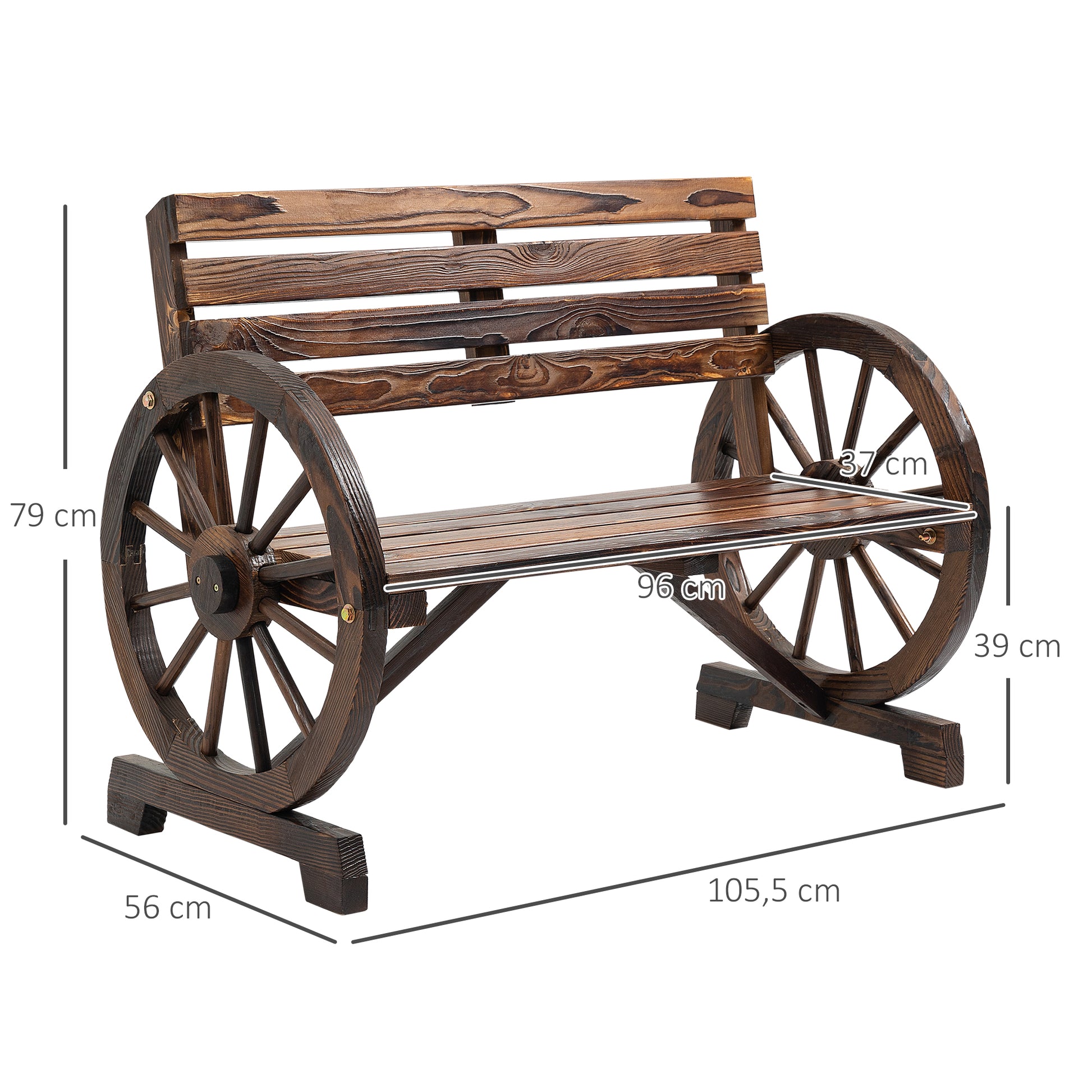 2-Seater Garden Bench, Weather-Resistant Bench with Backrest and Armrests in Wheel Shape, Park Bench with 240kg Capacity, Balcony Bench, Wooden Bench for Balcony, Garden, 105.5 x 56 x 79 cm, Brown