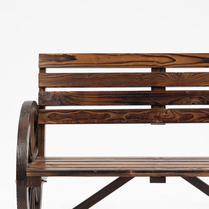 2-Seater Garden Bench, Weather-Resistant Bench with Backrest and Armrests in Wheel Shape, Park Bench with 240kg Capacity, Balcony Bench, Wooden Bench for Balcony, Garden, 105.5 x 56 x 79 cm, Brown