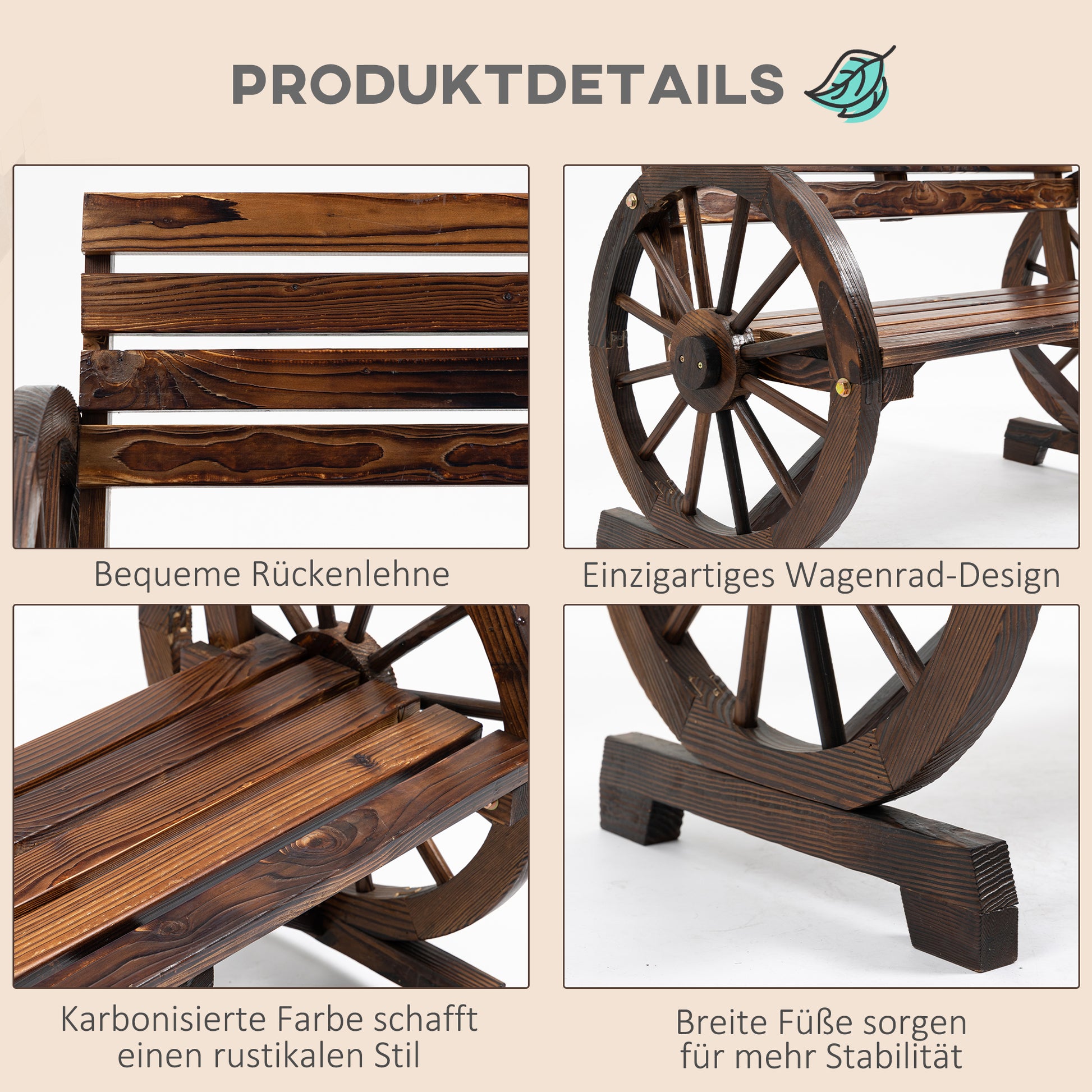 2-Seater Garden Bench, Weather-Resistant Bench with Backrest and Armrests in Wheel Shape, Park Bench with 240kg Capacity, Balcony Bench, Wooden Bench for Balcony, Garden, 105.5 x 56 x 79 cm, Brown