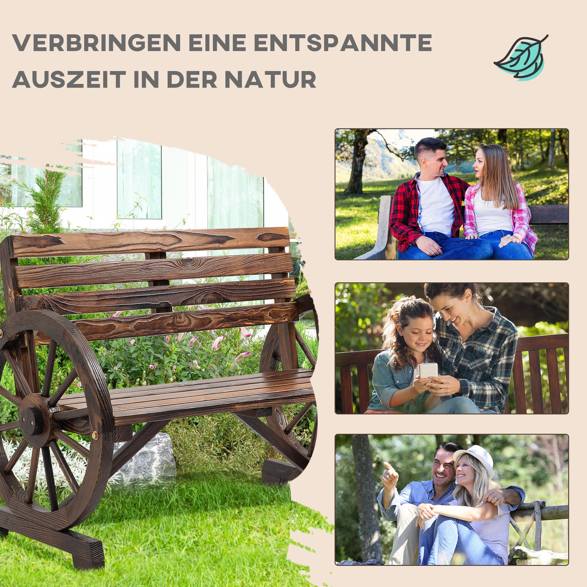 2-Seater Garden Bench, Weather-Resistant Bench with Backrest and Armrests in Wheel Shape, Park Bench with 240kg Capacity, Balcony Bench, Wooden Bench for Balcony, Garden, 105.5 x 56 x 79 cm, Brown