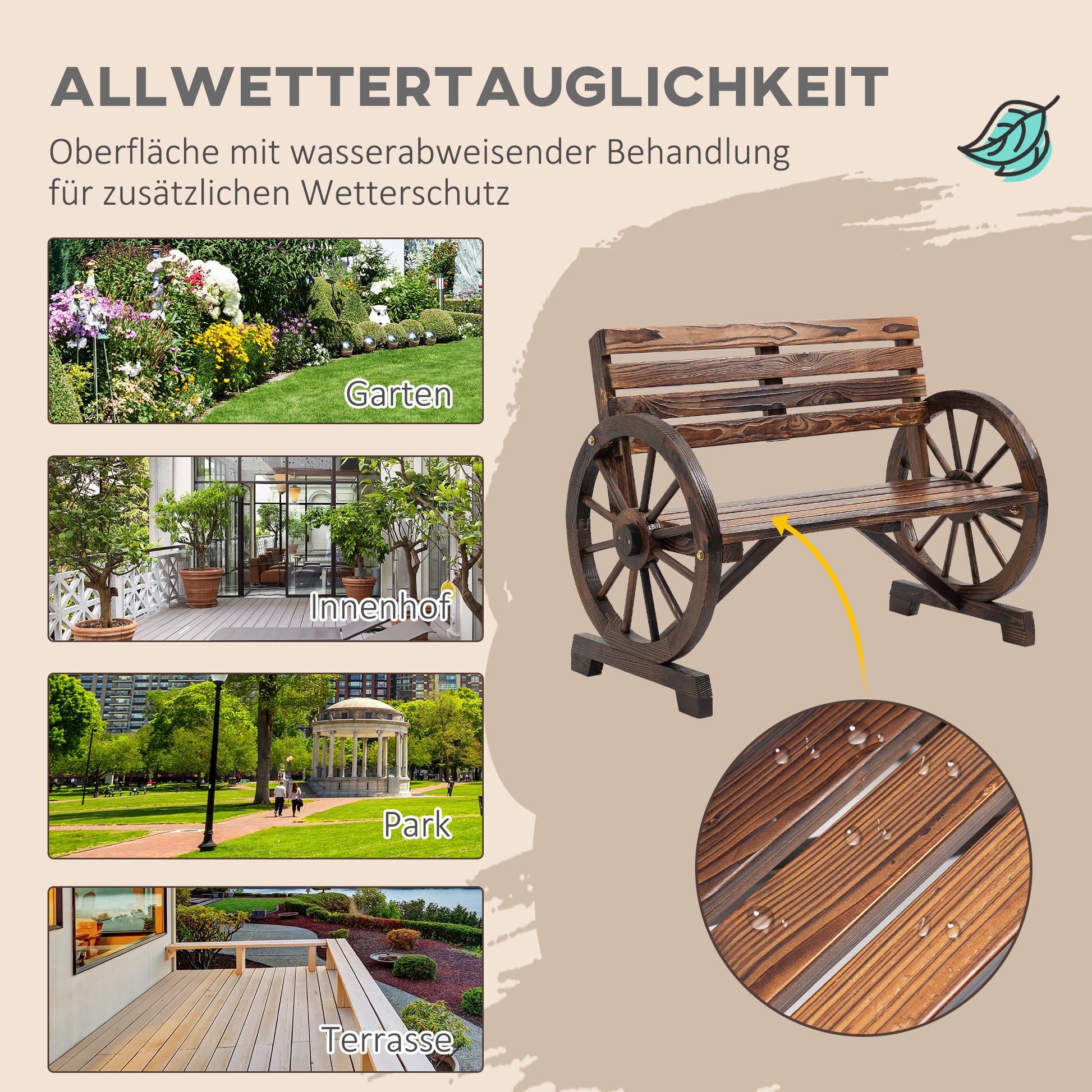 2-Seater Garden Bench, Weather-Resistant Bench with Backrest and Armrests in Wheel Shape, Park Bench with 240kg Capacity, Balcony Bench, Wooden Bench for Balcony, Garden, 105.5 x 56 x 79 cm, Brown