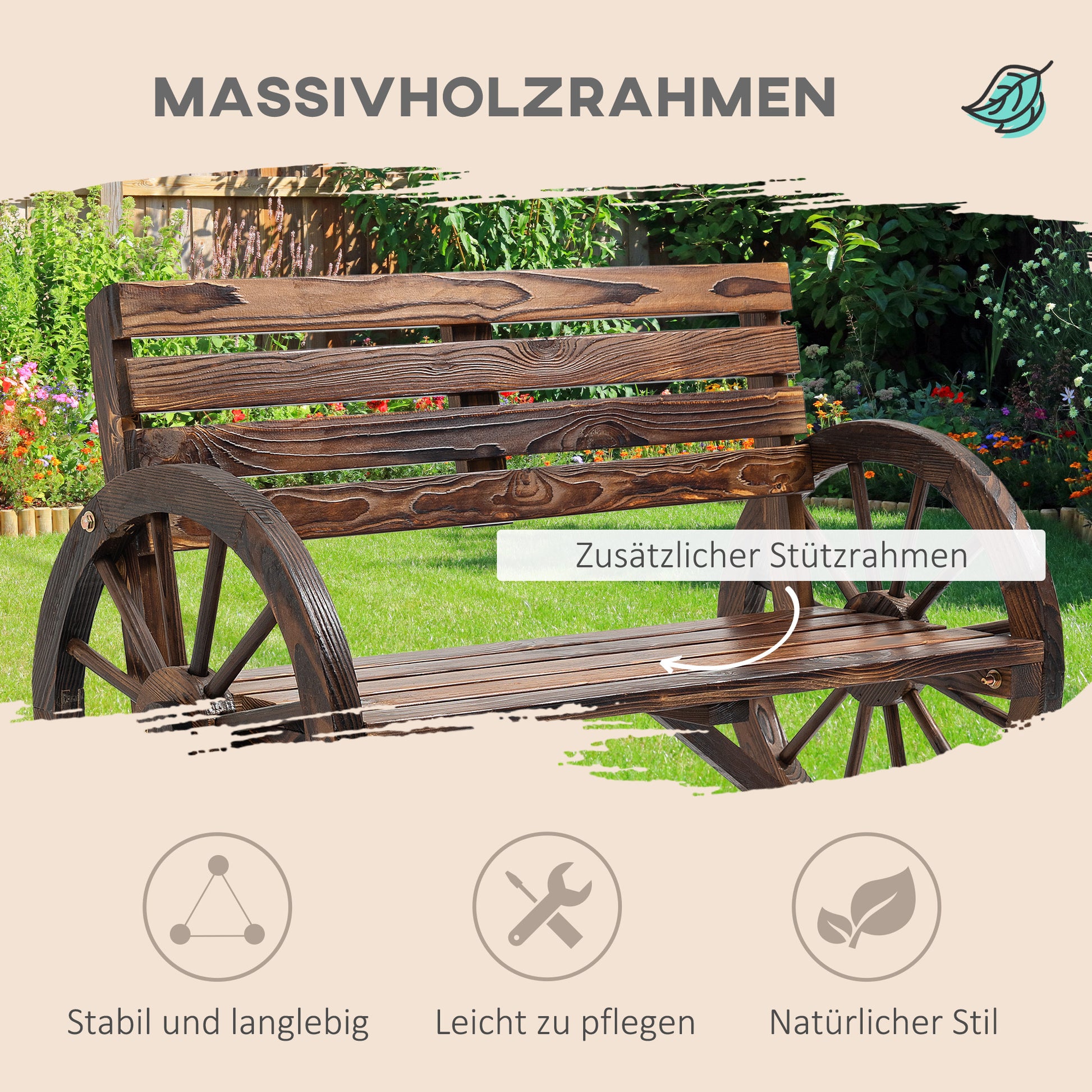 2-Seater Garden Bench, Weather-Resistant Bench with Backrest and Armrests in Wheel Shape, Park Bench with 240kg Capacity, Balcony Bench, Wooden Bench for Balcony, Garden, 105.5 x 56 x 79 cm, Brown