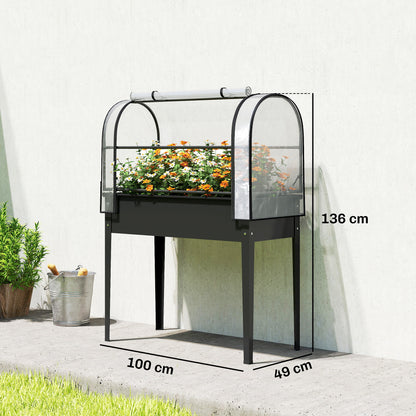 Raised Planter with Removable Greenhouse Cover, Lift-Top Planter Bed with Roll-Up Zip Door, Drainage Hole, Metal Vegetable Planter for Garden/Balcony, 39.4 x 19.3 x 53.5 in (100 x 49 x 136 cm) – Black