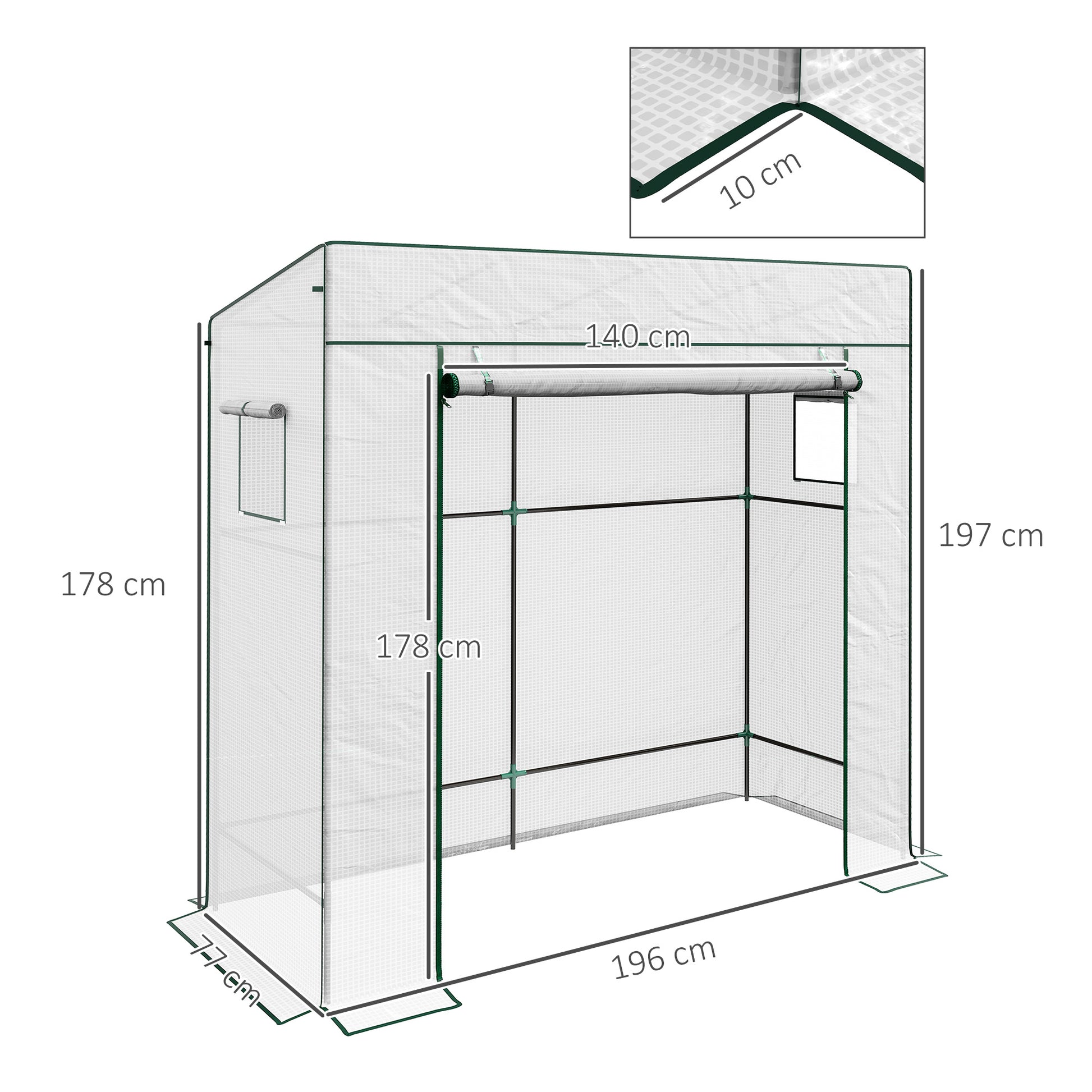 PE Garden Greenhouse, Balcony Greenhouse, Reinforced 140 g/m² Cover, Steel Frame, Roll-Up Zippered Door, 2 Windows, for Vegetables Plants Flowers, Indoor and Outdoor, 196x77x197cm, White