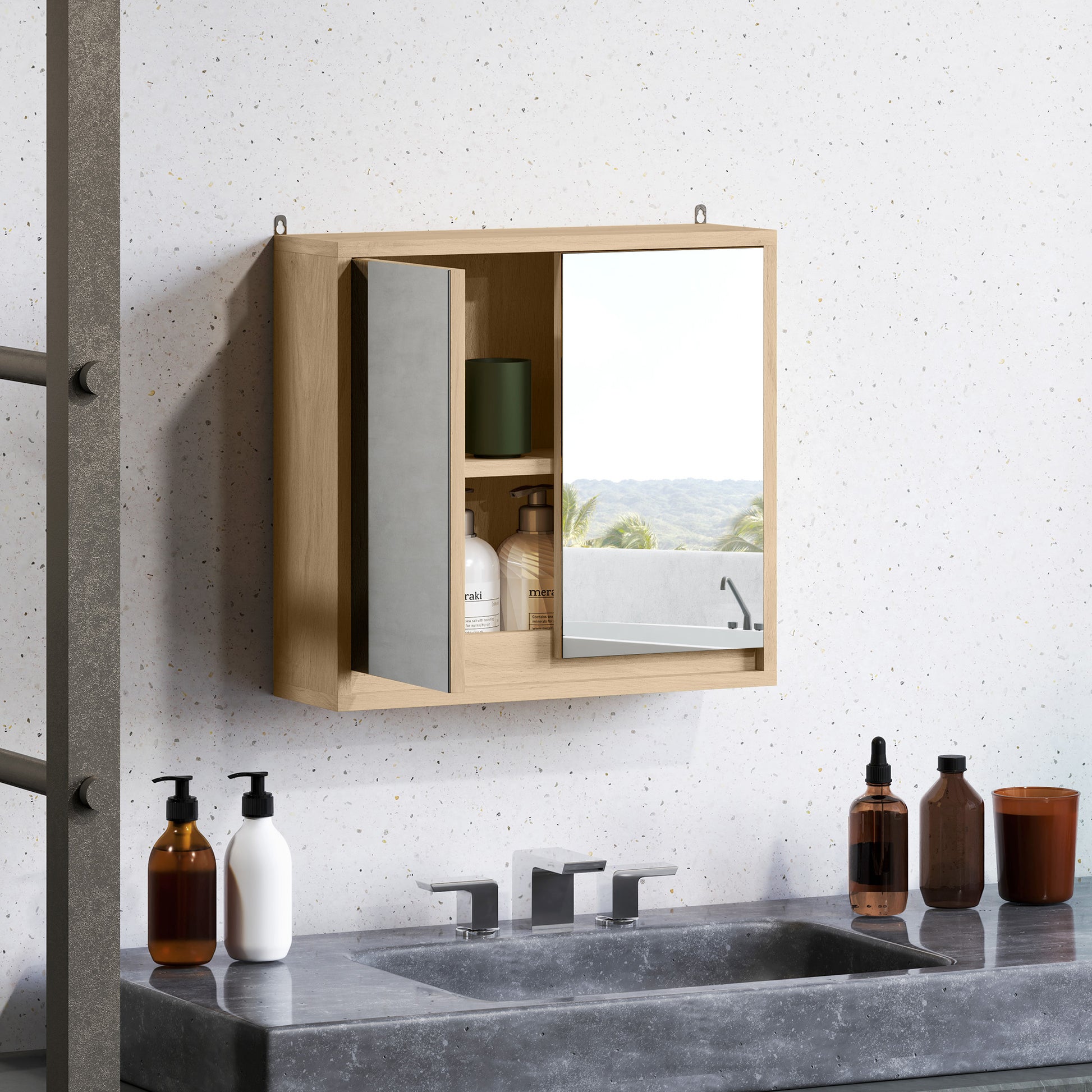 Bathroom Cabinet with Mirror with 2 Doors and Adjustable Shelf Hanging Bathroom Cabinet for Modern Style Bathroom 48x14.5x45 cm Natural Wood