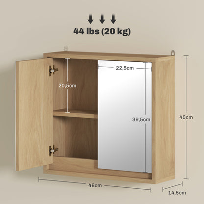 Bathroom Cabinet with Mirror with 2 Doors and Adjustable Shelf Hanging Bathroom Cabinet for Modern Style Bathroom 48x14.5x45 cm Natural Wood