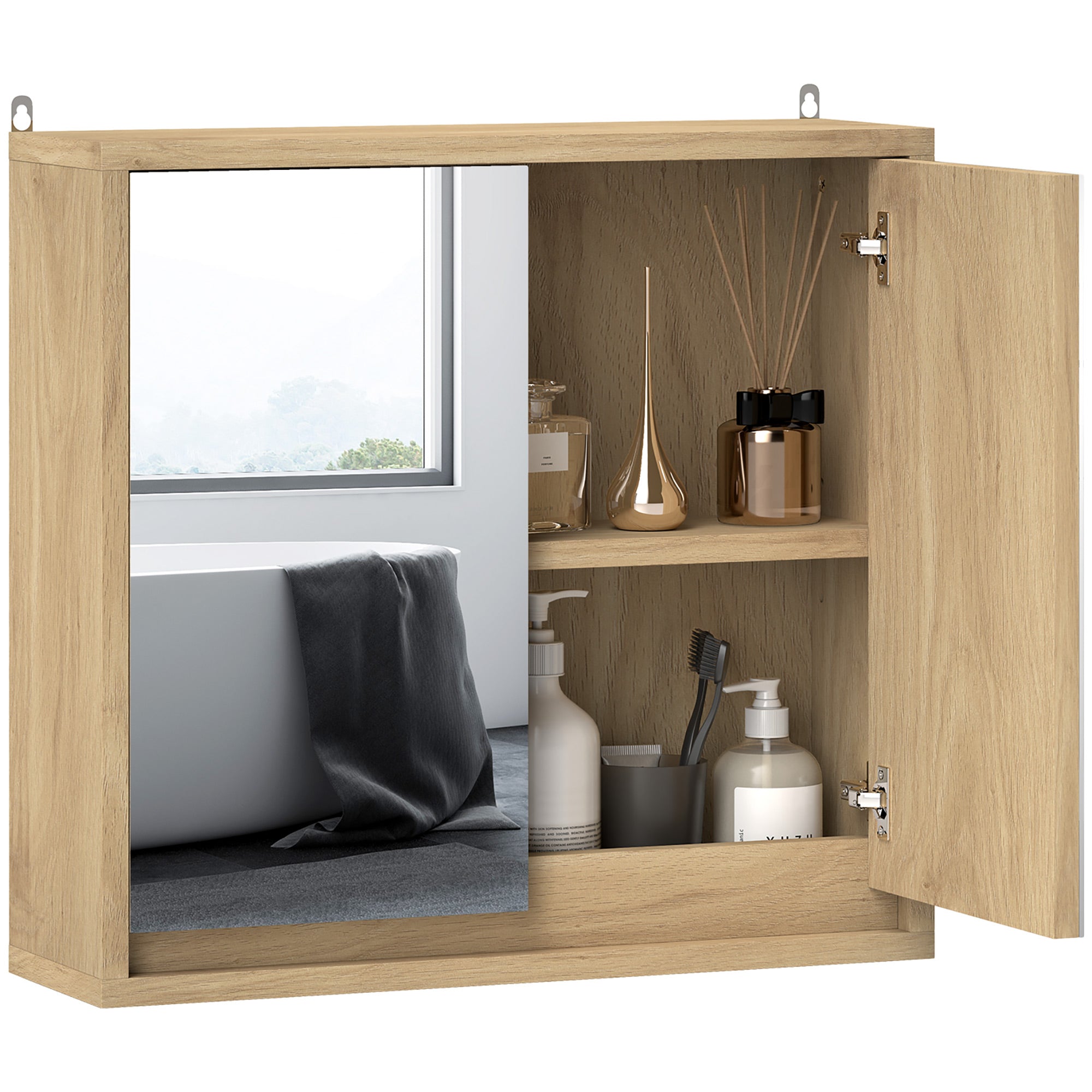 Bathroom Cabinet with Mirror with 2 Doors and Adjustable Shelf Hanging Bathroom Cabinet for Modern Style Bathroom 48x14.5x45 cm Natural Wood