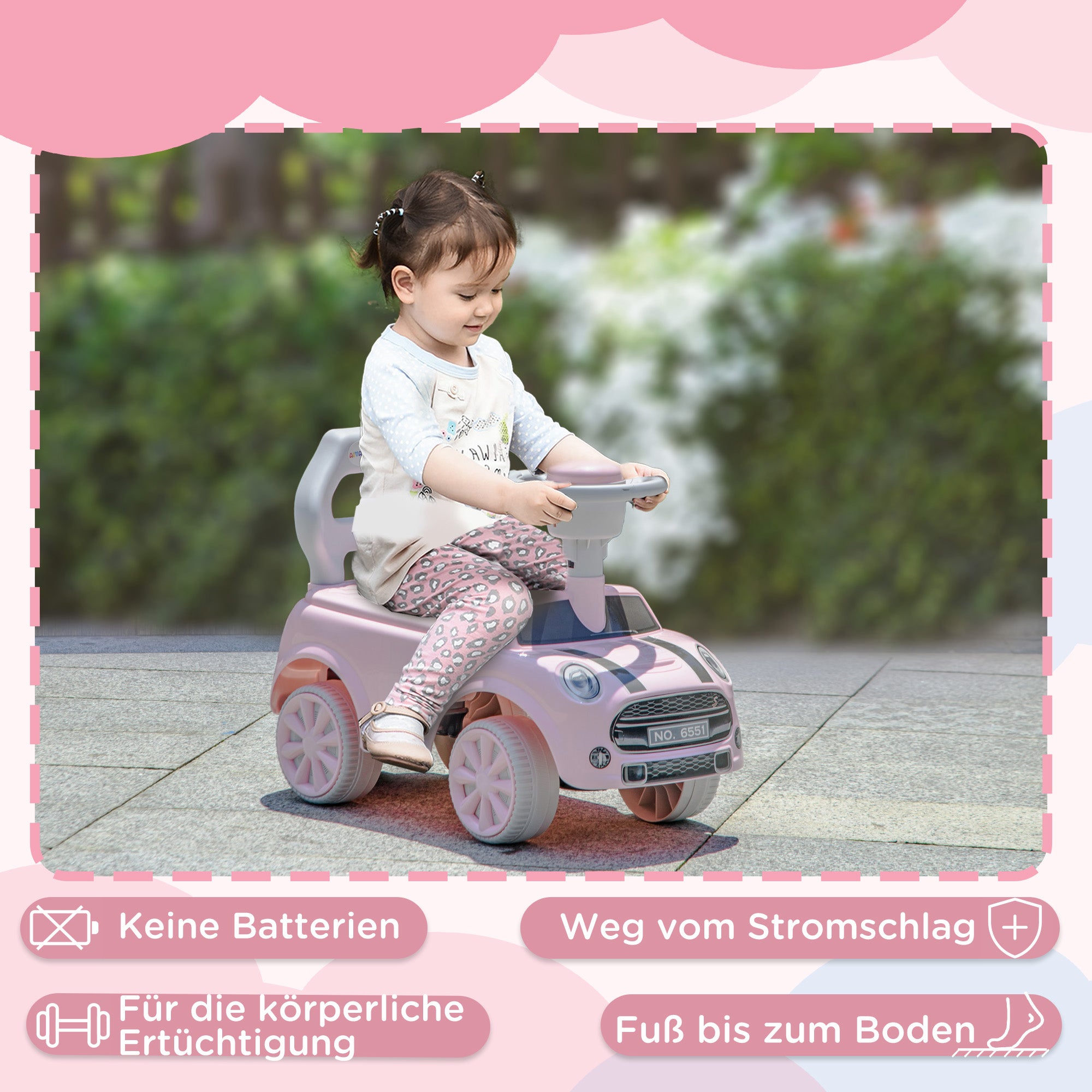 Children's Ride-On Car, Kids Vehicle with Steering Wheel Horn, Children's Car, Ride-On Vehicle with Tipping Guard, Ride-On for Kids, Pink, 53 x 25 x 35 cm