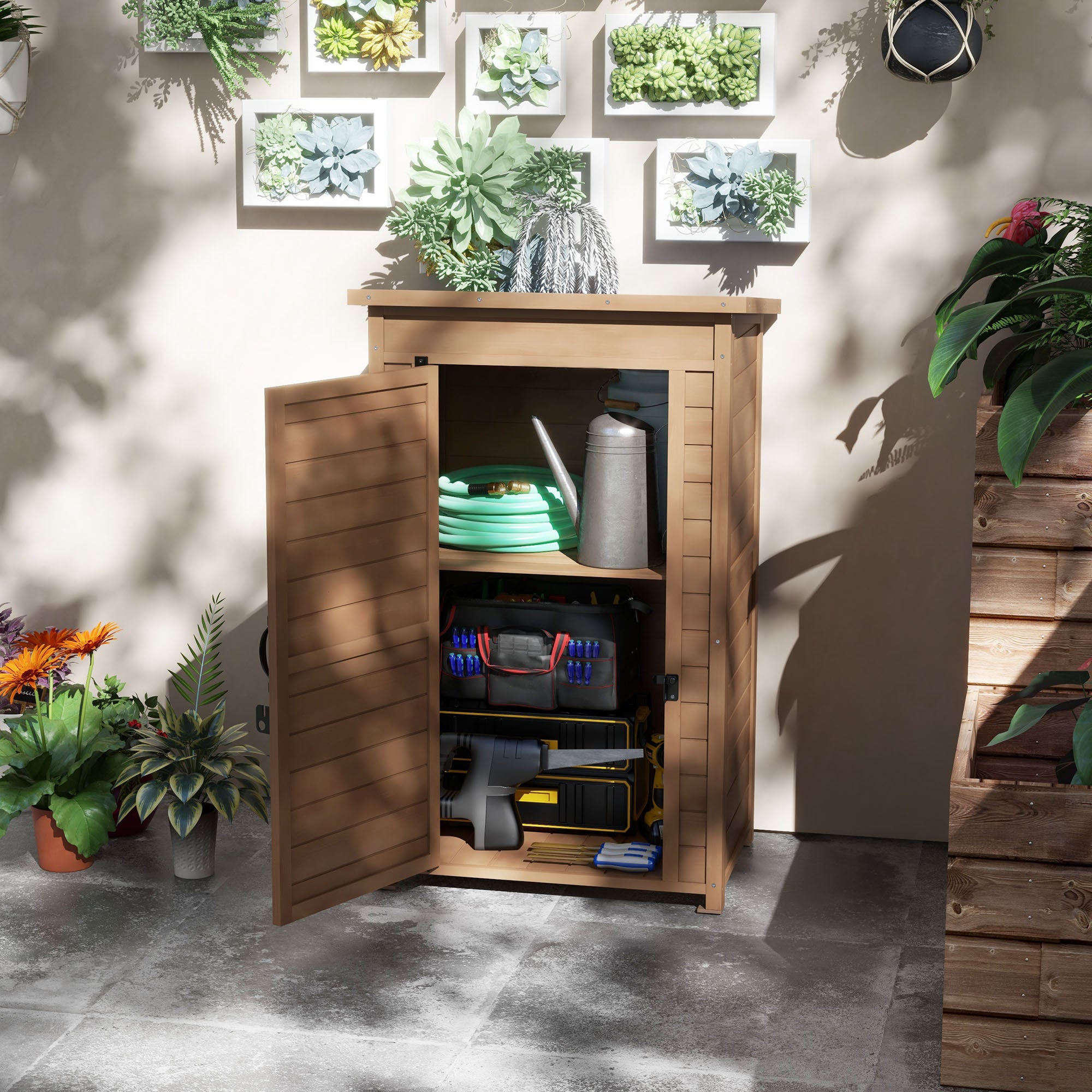 Outdoor Cabinet with Adjustable Shelf and Sloping Roof, Garden Wooden Cabinet with Latch, 75x56x117cm, Brown
