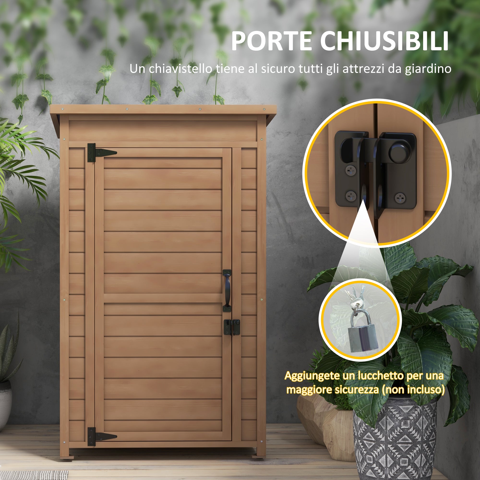 Outdoor Cabinet with Adjustable Shelf and Sloping Roof, Garden Wooden Cabinet with Latch, 75x56x117cm, Brown