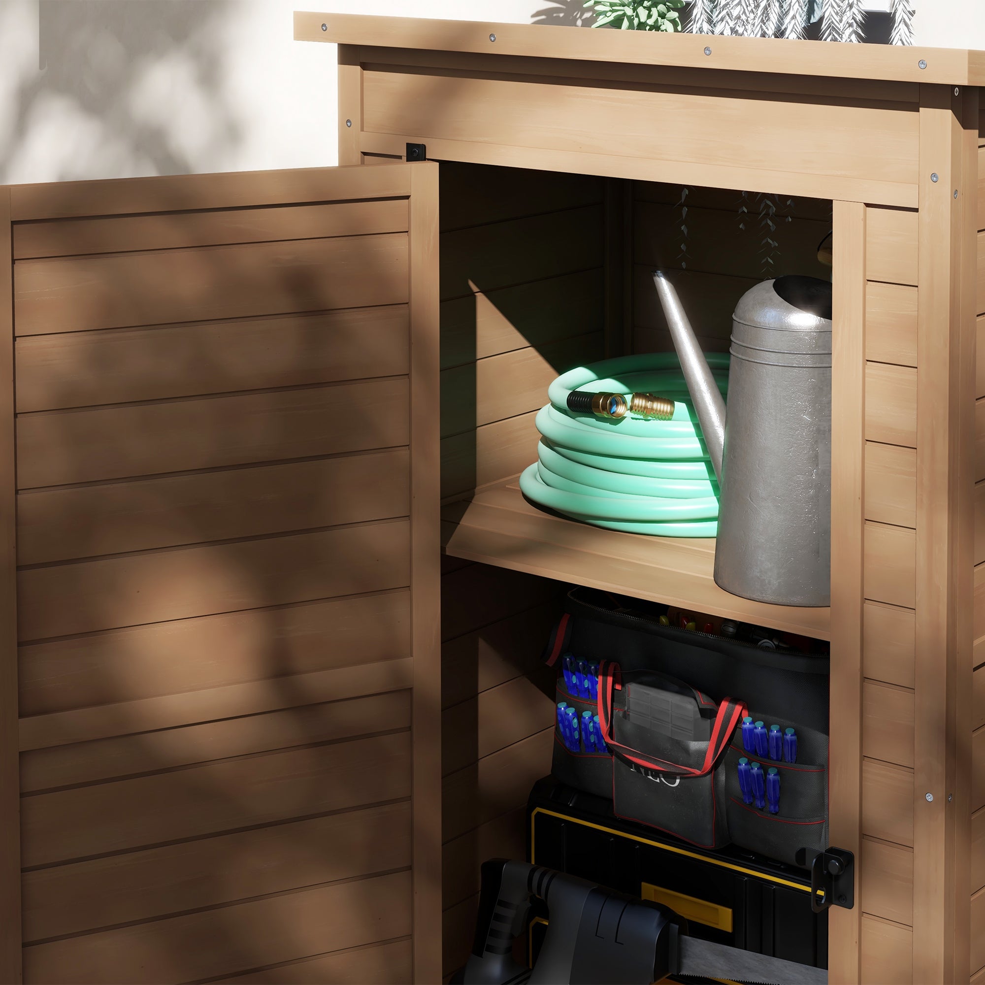 Outdoor Cabinet with Adjustable Shelf and Sloping Roof, Garden Wooden Cabinet with Latch, 75x56x117cm, Brown