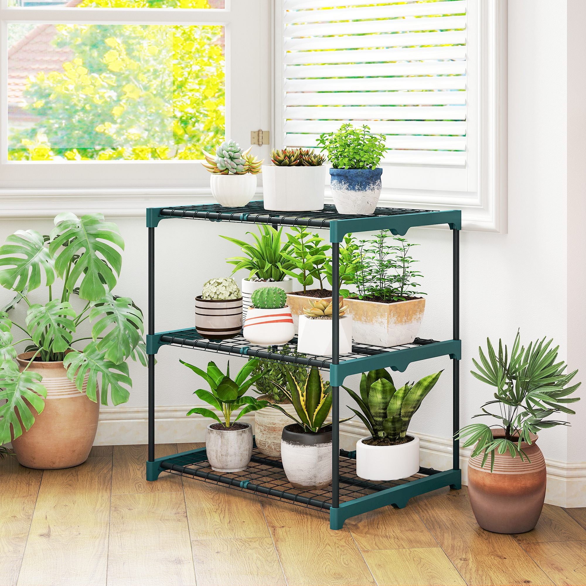 3-Tier Plant Stand, 72 cm (28.3 in) High Flower Rack for Indoor & Outdoor, Steel Multi-Level Plant Shelf, Pot Holder for Garden & Balcony, Dark Green