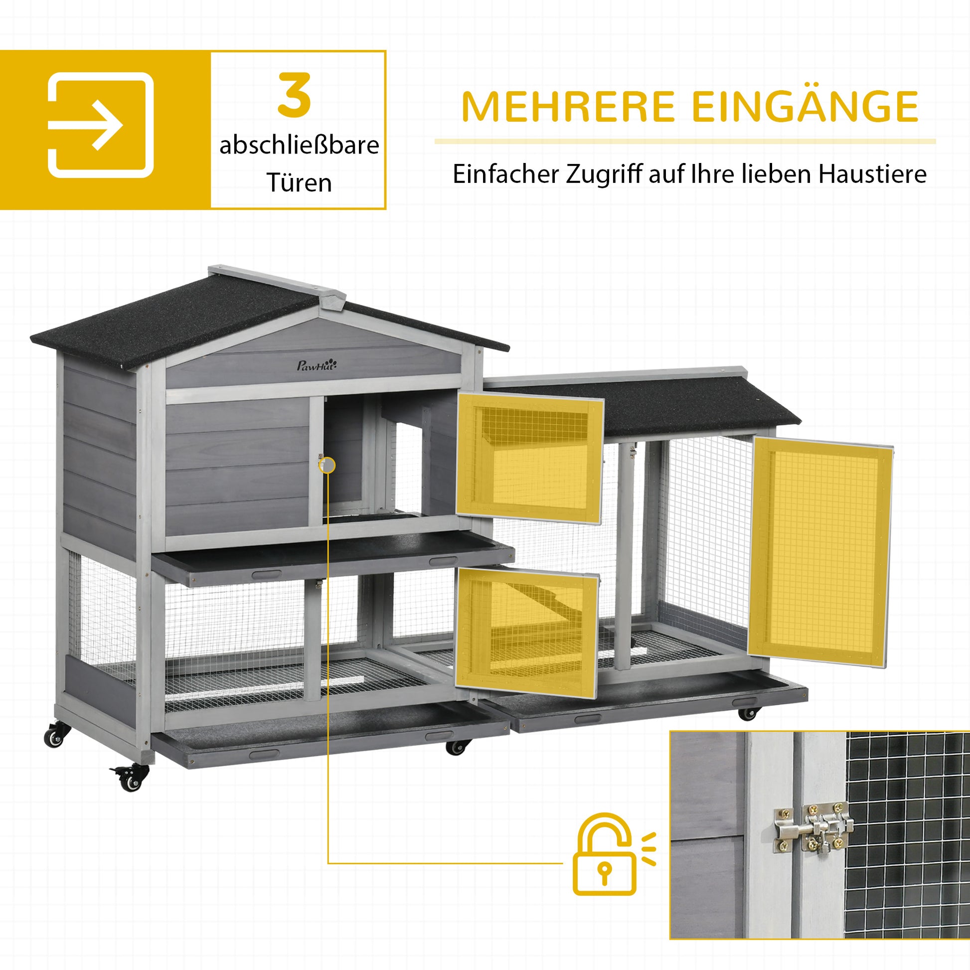 Small Animal Hutch with Wheels Dwarf Rabbit Hutch Outdoor Run Asphalt Roof Small Animal House Dwarf Rabbit Run Double-Story Fir Wood Steel Gray 157.4 x 53 x 99.5 cm