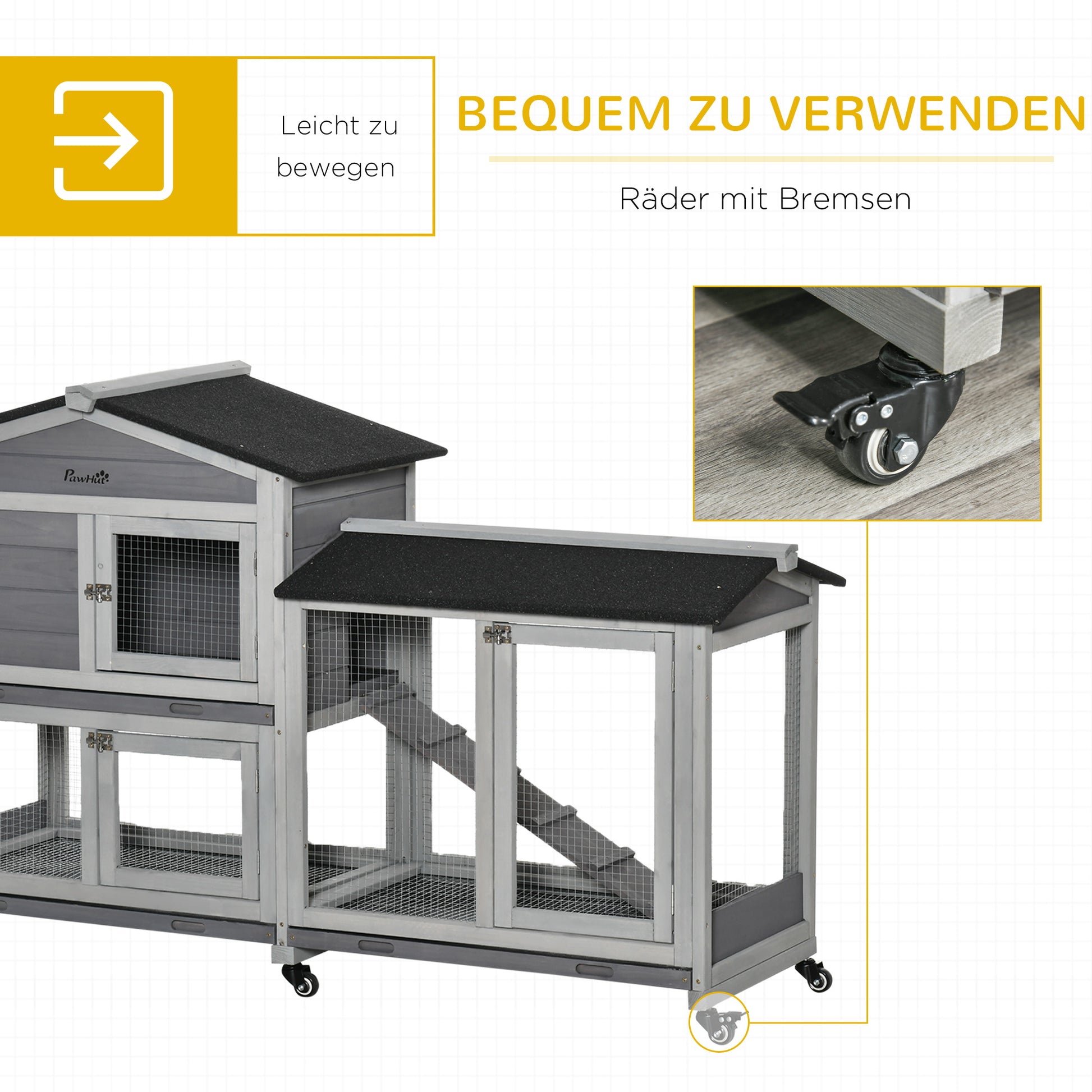 Small Animal Hutch with Wheels Dwarf Rabbit Hutch Outdoor Run Asphalt Roof Small Animal House Dwarf Rabbit Run Double-Story Fir Wood Steel Gray 157.4 x 53 x 99.5 cm