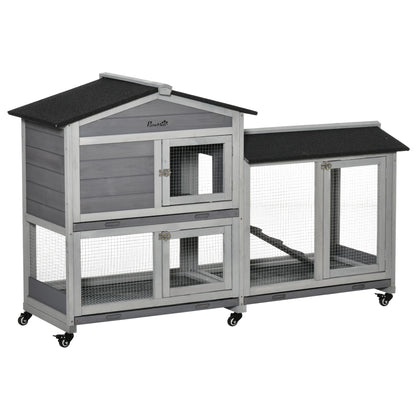Small Animal Hutch with Wheels Dwarf Rabbit Hutch Outdoor Run Asphalt Roof Small Animal House Dwarf Rabbit Run Double-Story Fir Wood Steel Gray 157.4 x 53 x 99.5 cm