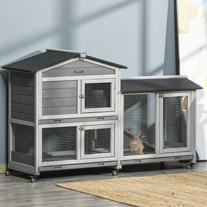 Small Animal Hutch with Wheels Dwarf Rabbit Hutch Outdoor Run Asphalt Roof Small Animal House Dwarf Rabbit Run Double-Story Fir Wood Steel Gray 157.4 x 53 x 99.5 cm
