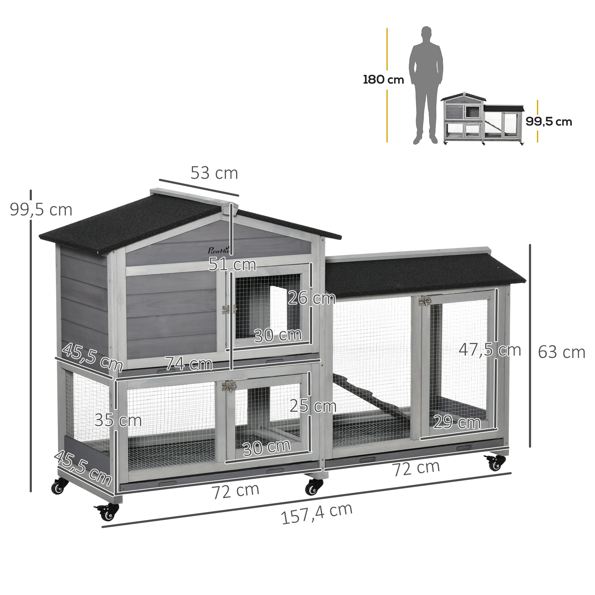 Small Animal Hutch with Wheels Dwarf Rabbit Hutch Outdoor Run Asphalt Roof Small Animal House Dwarf Rabbit Run Double-Story Fir Wood Steel Gray 157.4 x 53 x 99.5 cm