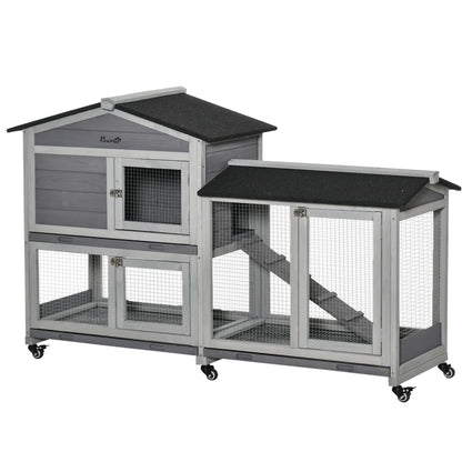 Small Animal Hutch with Wheels Dwarf Rabbit Hutch Outdoor Run Asphalt Roof Small Animal House Dwarf Rabbit Run Double-Story Fir Wood Steel Gray 157.4 x 53 x 99.5 cm