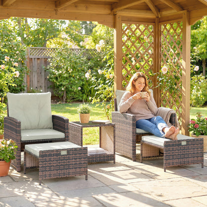 5-Piece Rattan Patio Set — 2 Space-Saving Footstools, 2 Armchairs, 2-Tier Coffee Table with Cushions — Brown/Cream