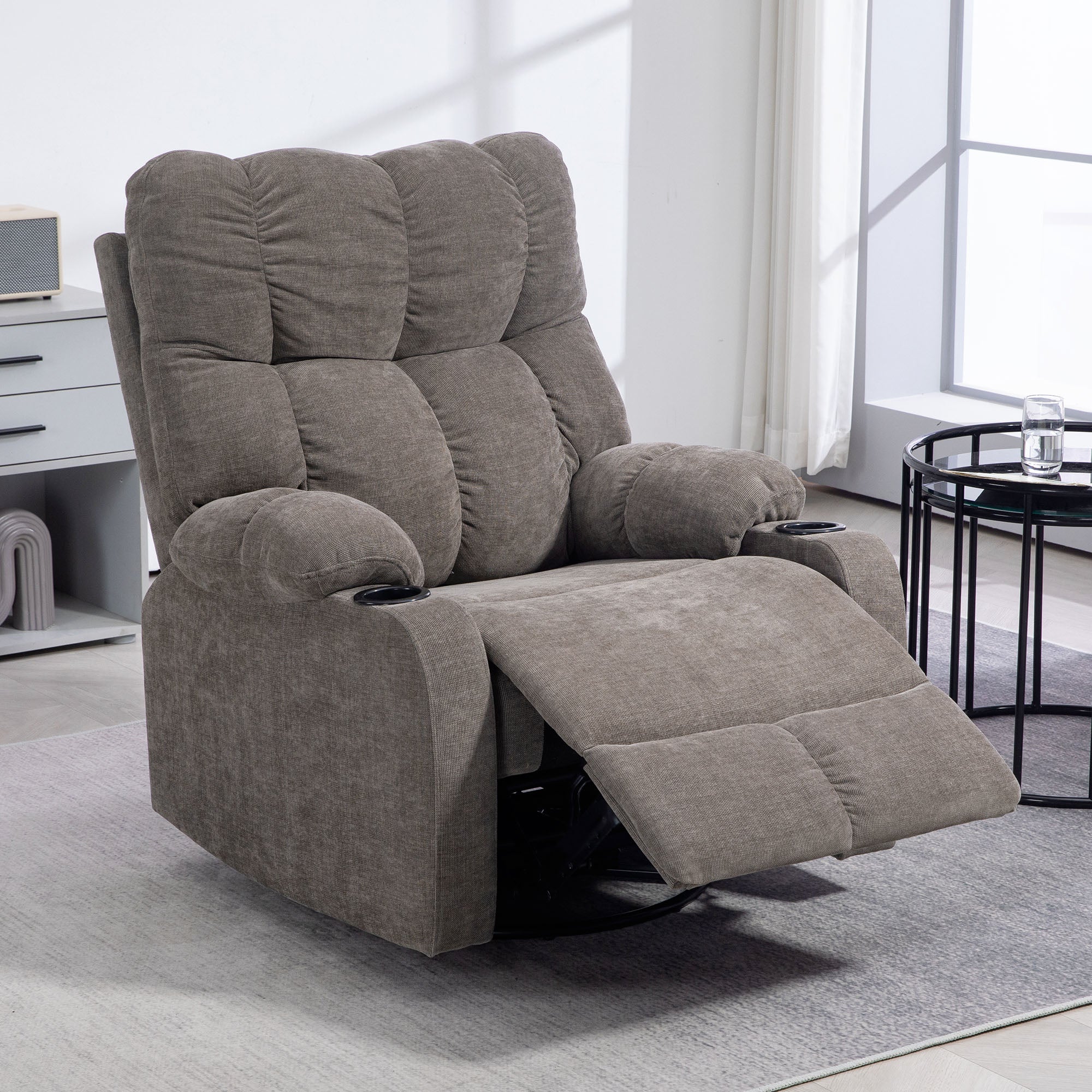 Recliner Chair TV Chair with Reclining Function, Rocking Function, Swivel TV Chair with Footrest, Pocket Spring Core, and Cup Holder, for Living Room, Light Brown