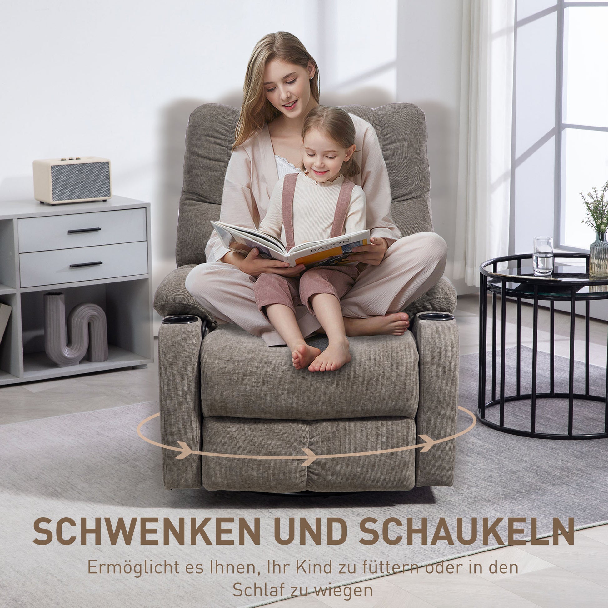 Recliner Chair TV Chair with Reclining Function, Rocking Function, Swivel TV Chair with Footrest, Pocket Spring Core, and Cup Holder, for Living Room, Light Brown