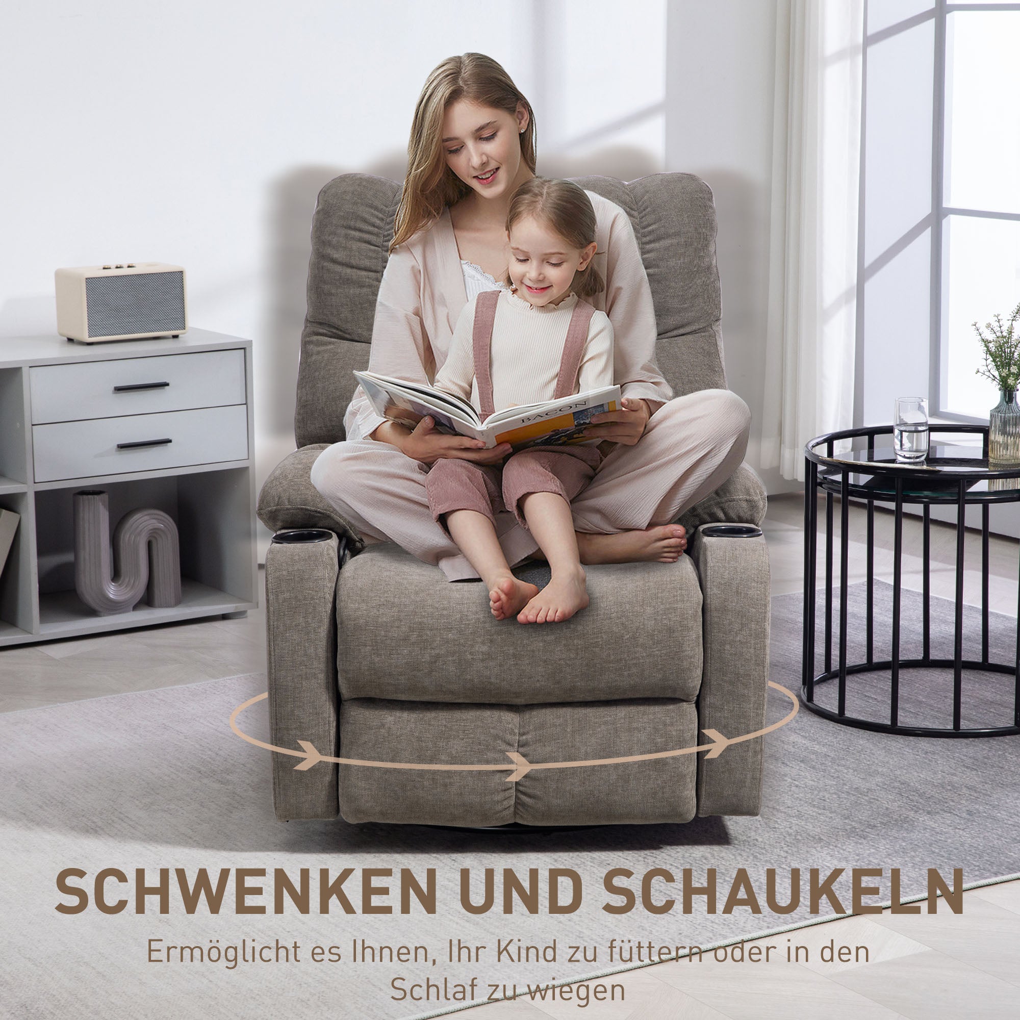 Recliner Chair TV Chair with Reclining Function, Rocking Function, Swivel TV Chair with Footrest, Pocket Spring Core, and Cup Holder, for Living Room, Light Brown
