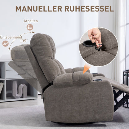 Recliner Chair TV Chair with Reclining Function, Rocking Function, Swivel TV Chair with Footrest, Pocket Spring Core, and Cup Holder, for Living Room, Light Brown