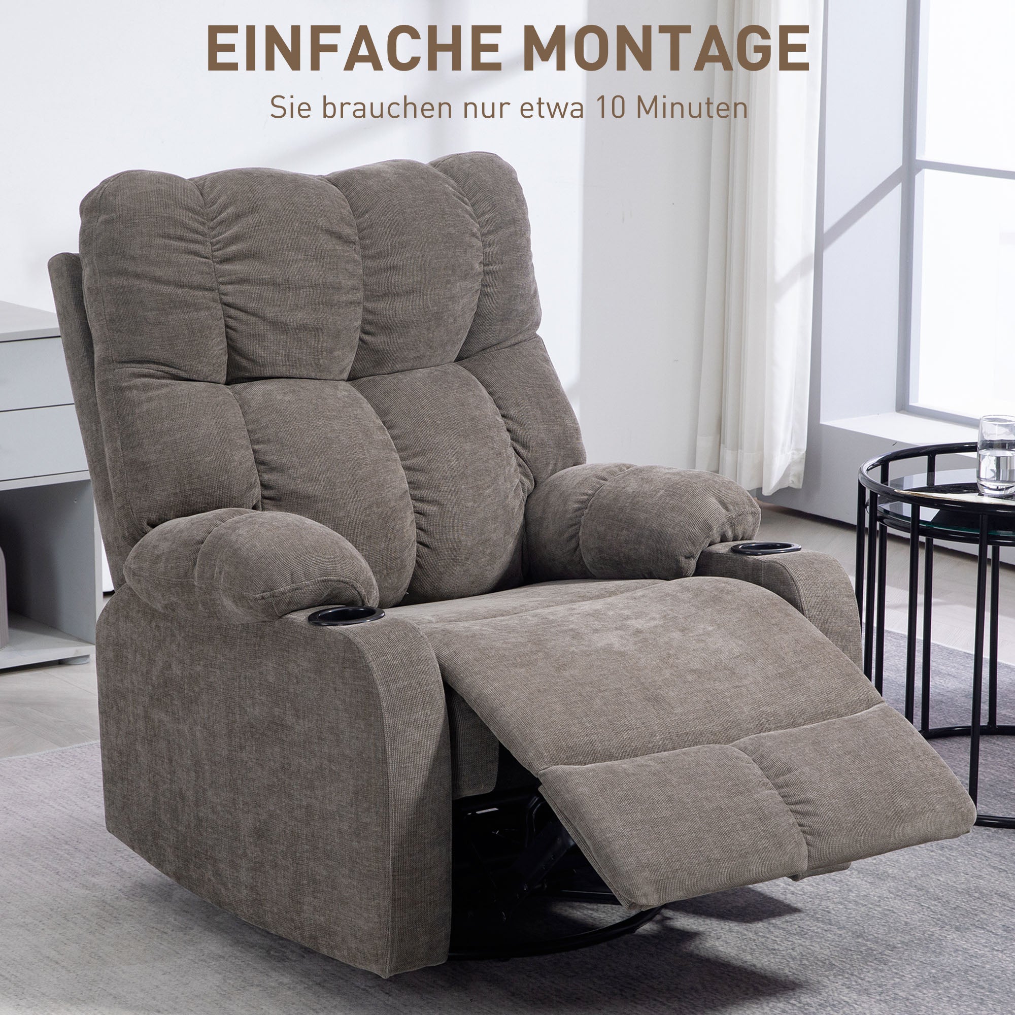 Recliner Chair TV Chair with Reclining Function, Rocking Function, Swivel TV Chair with Footrest, Pocket Spring Core, and Cup Holder, for Living Room, Light Brown