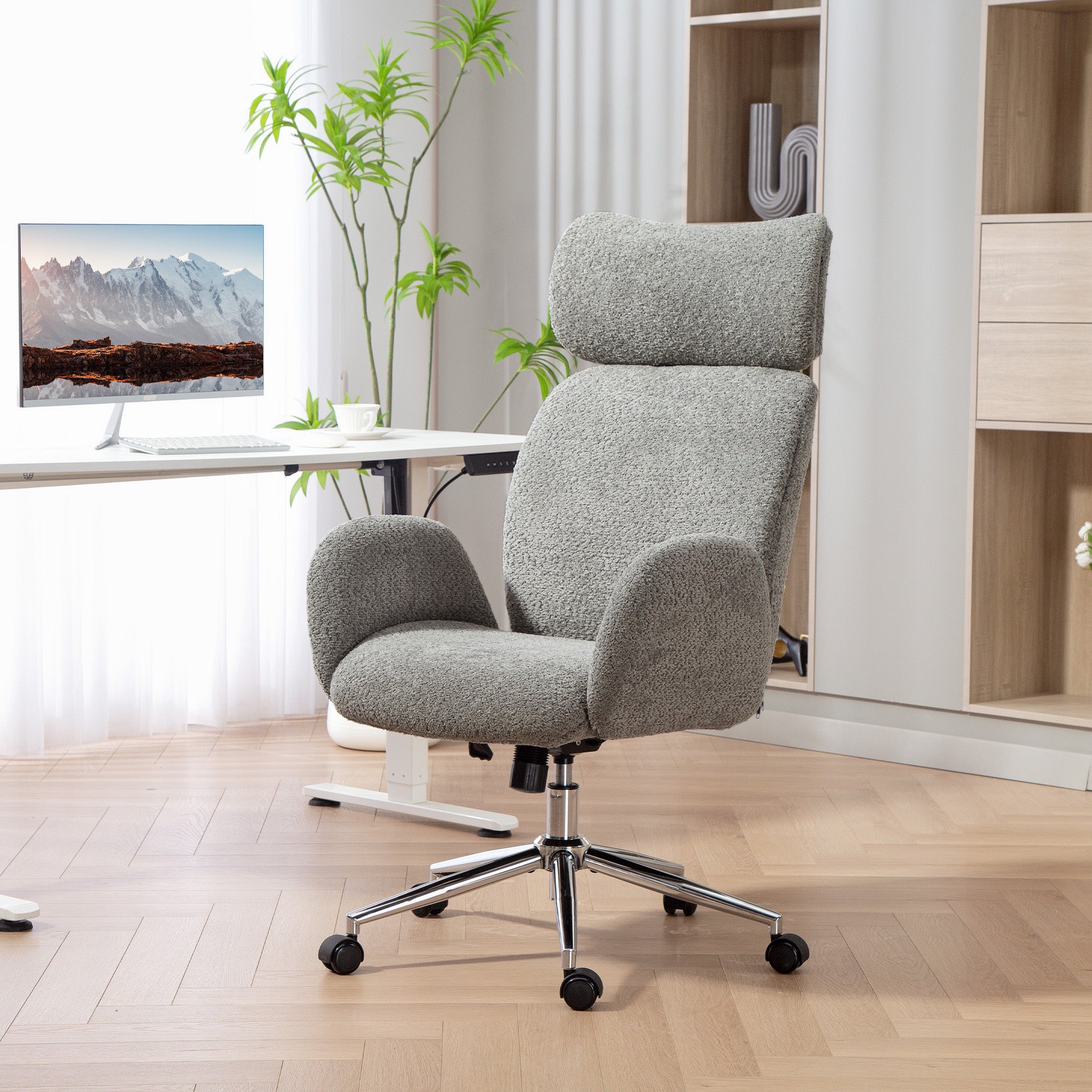 Bouclé Office Chair with Armrests — Adjustable Headrest, Height-Adjustable Swivel with Tilt, Dark Gray