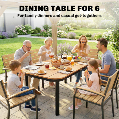 6-Person Outdoor Dining Table — WPC Slatted Top, Metal Frame, Brown, 61 x 34.6 x 28.3 in