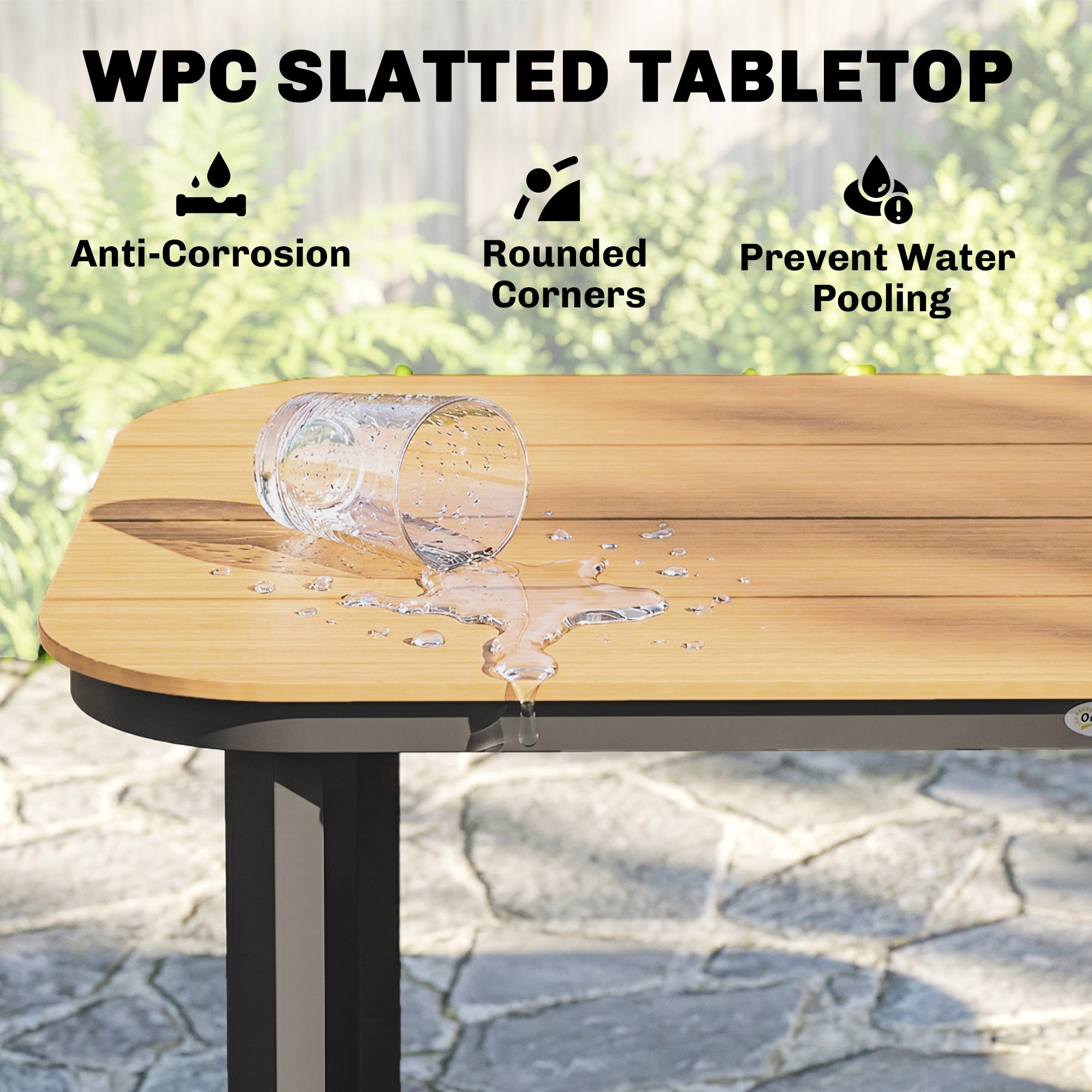 6-Person Outdoor Dining Table — WPC Slatted Top, Metal Frame, Brown, 61 x 34.6 x 28.3 in