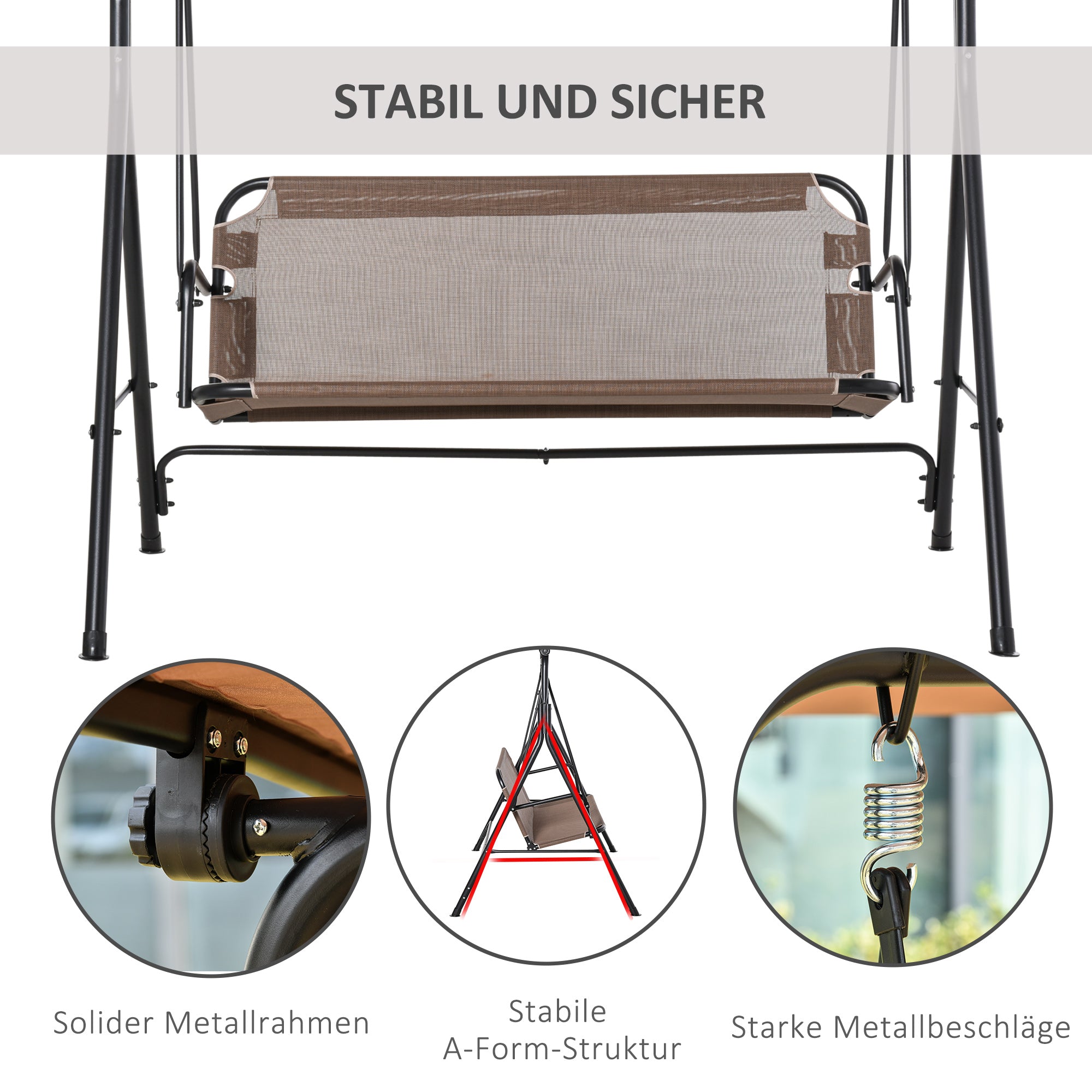 2-Seater Hollywood Swing Chair Outdoor Sun Lounger UV-Resistant High-Quality Metal Tube Adjustable Angle Brown