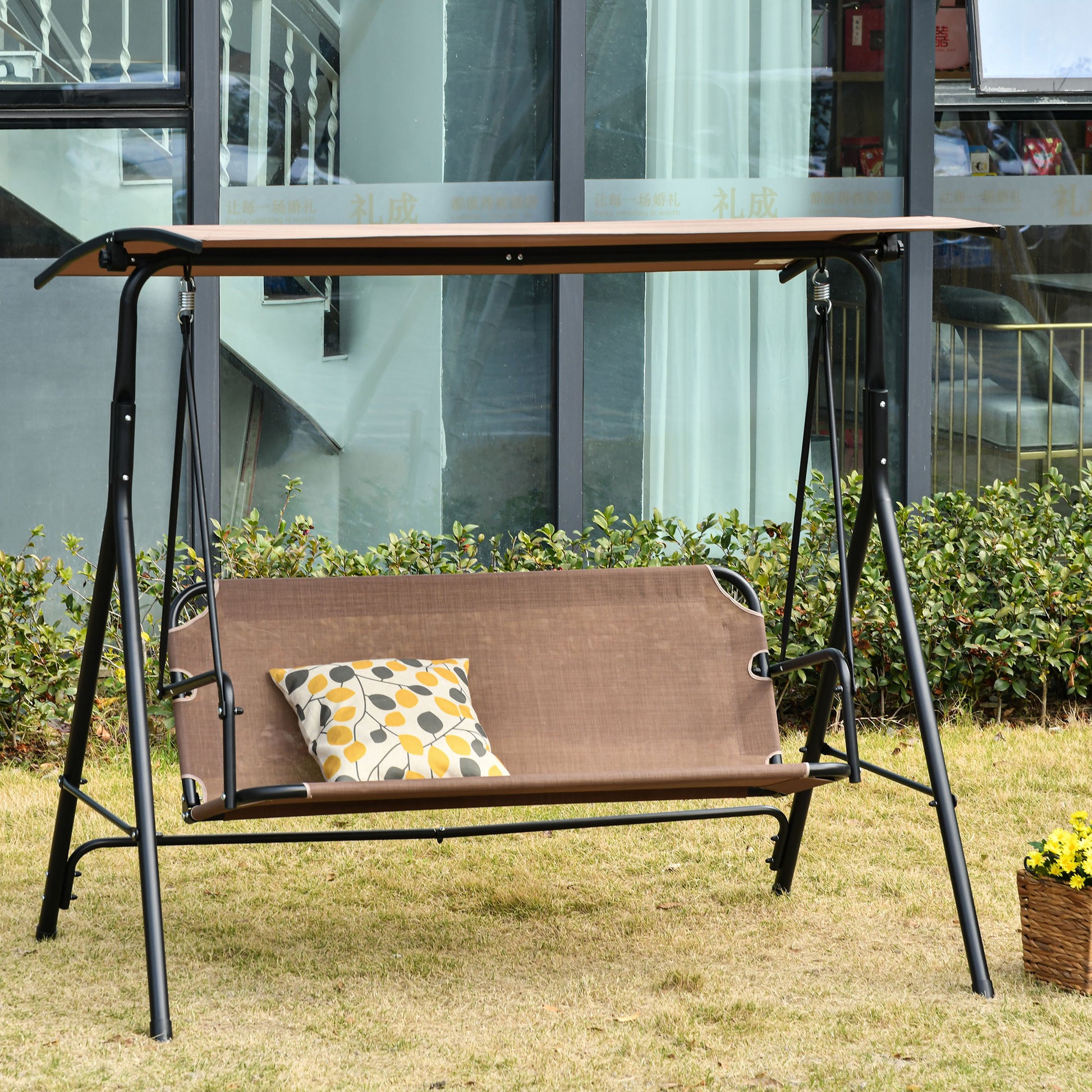 2-Seater Hollywood Swing Chair Outdoor Sun Lounger UV-Resistant High-Quality Metal Tube Adjustable Angle Brown