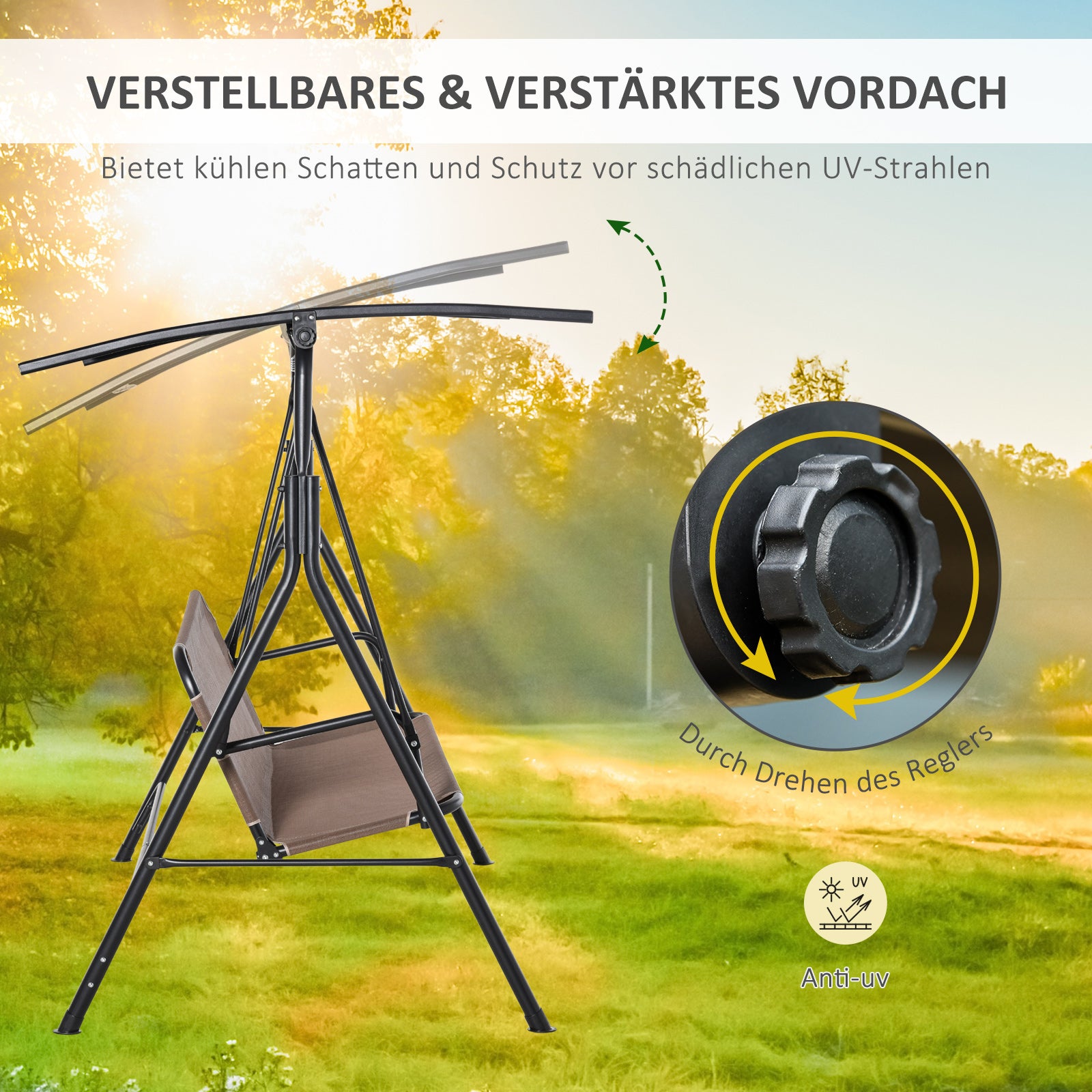 2-Seater Hollywood Swing Chair Outdoor Sun Lounger UV-Resistant High-Quality Metal Tube Adjustable Angle Brown