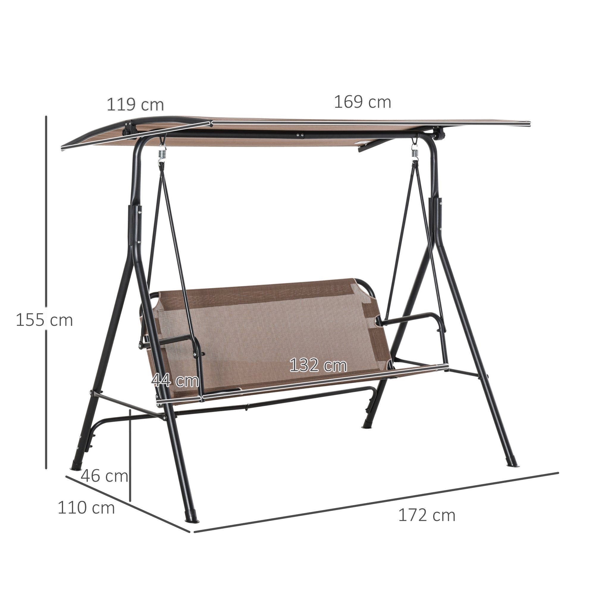2-Seater Hollywood Swing Chair Outdoor Sun Lounger UV-Resistant High-Quality Metal Tube Adjustable Angle Brown