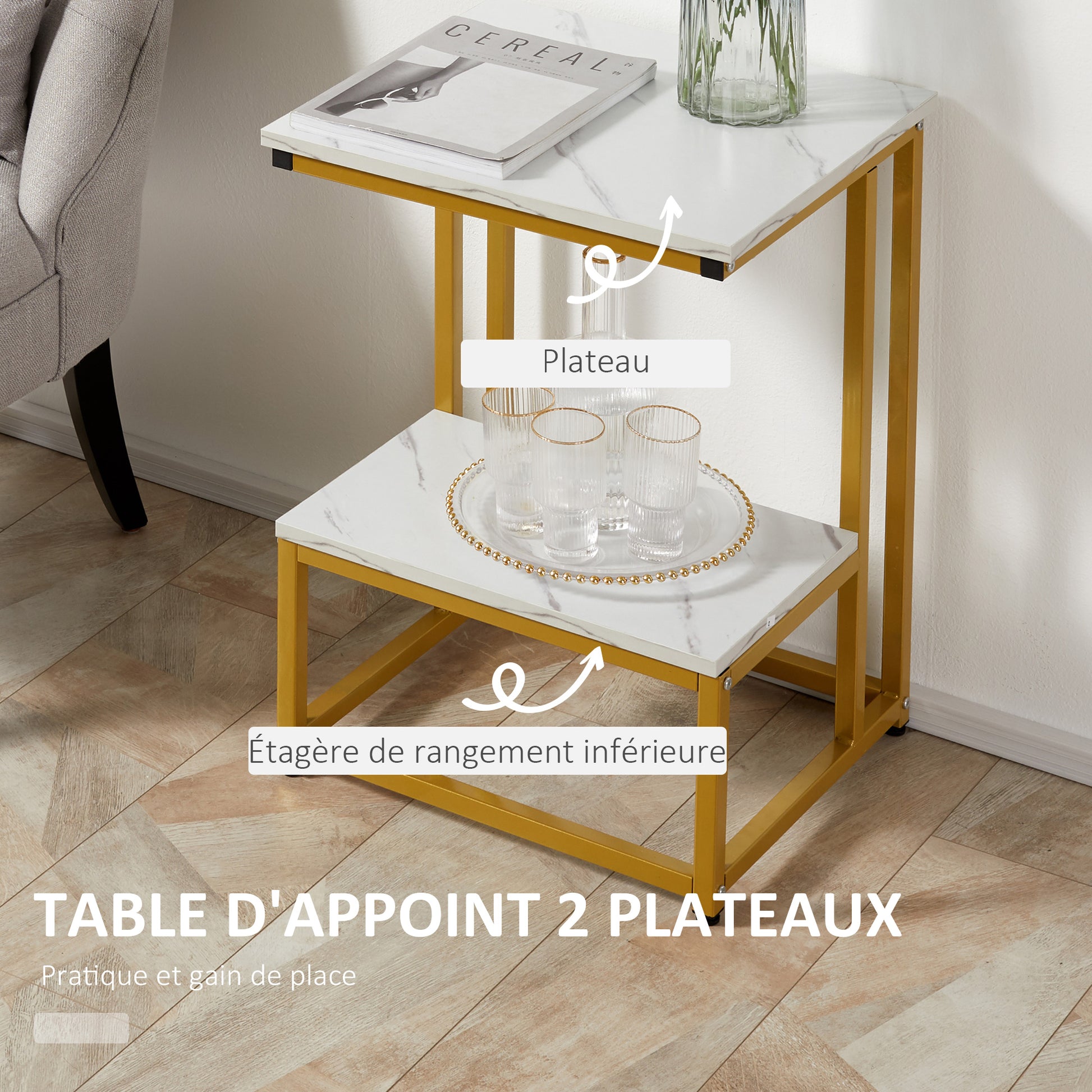 Modern Coffee Table Living Room Side Table Bedroom Stand End Table Design Golden Steel Structure White Marble-Like Shelf