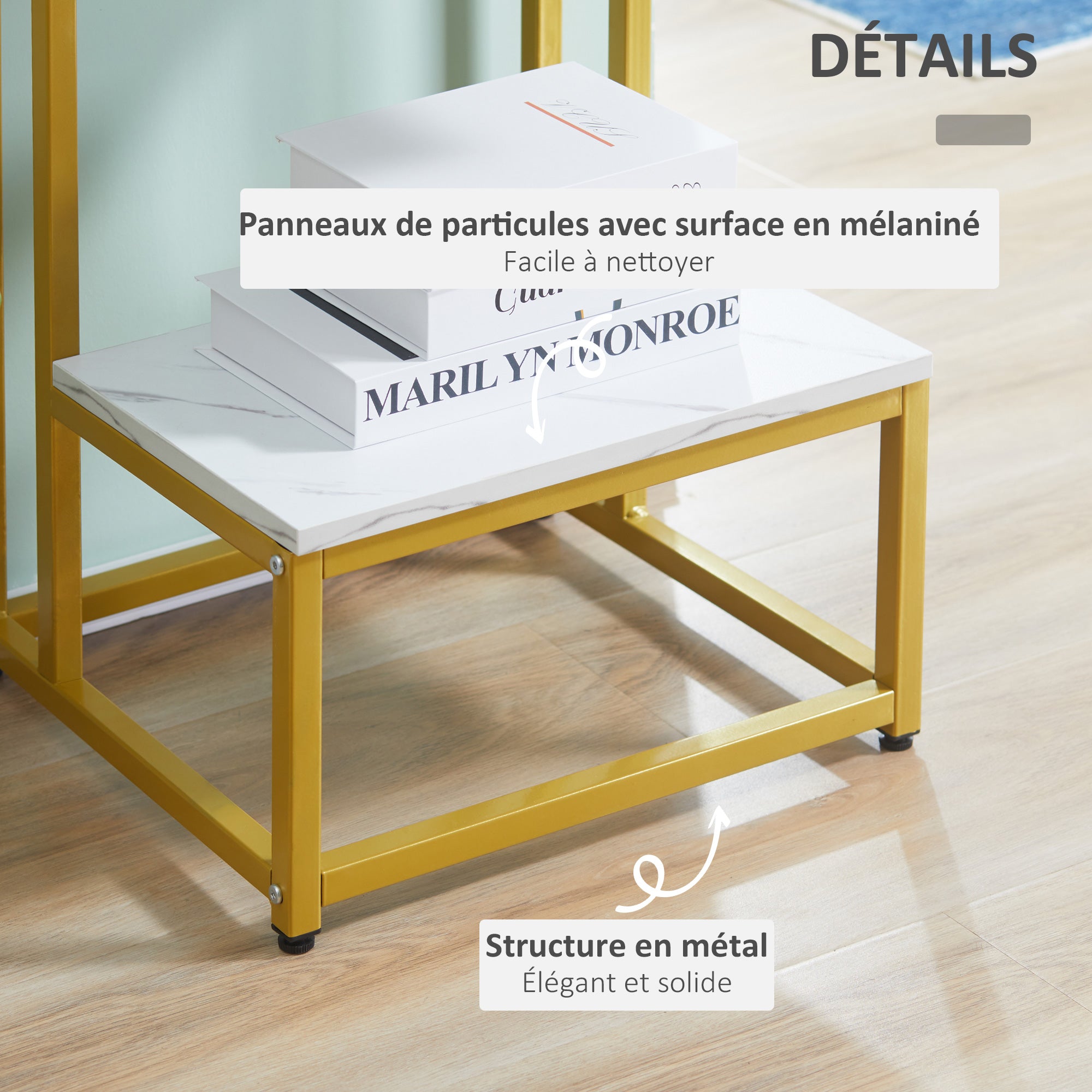 Modern Coffee Table Living Room Side Table Bedroom Stand End Table Design Golden Steel Structure White Marble-Like Shelf