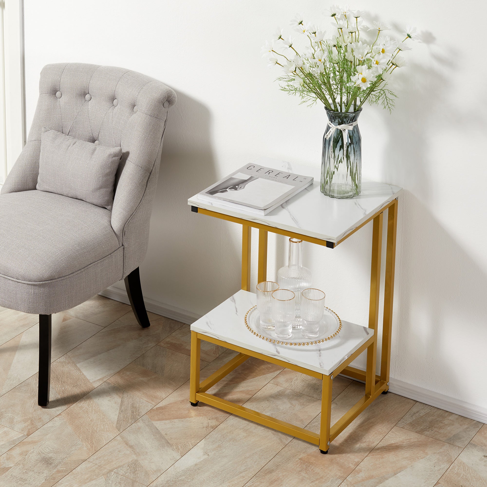 Modern Coffee Table Living Room Side Table Bedroom Stand End Table Design Golden Steel Structure White Marble-Like Shelf
