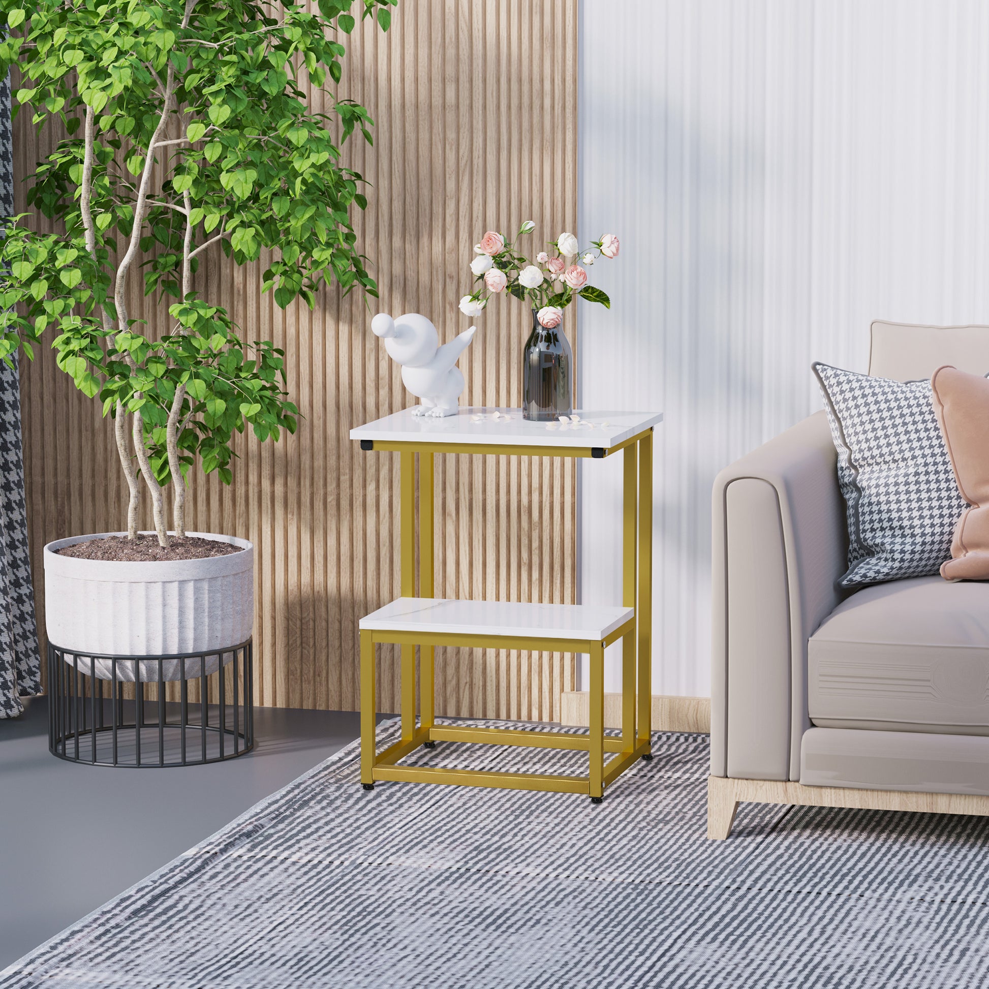Modern Coffee Table Living Room Side Table Bedroom Stand End Table Design Golden Steel Structure White Marble-Like Shelf