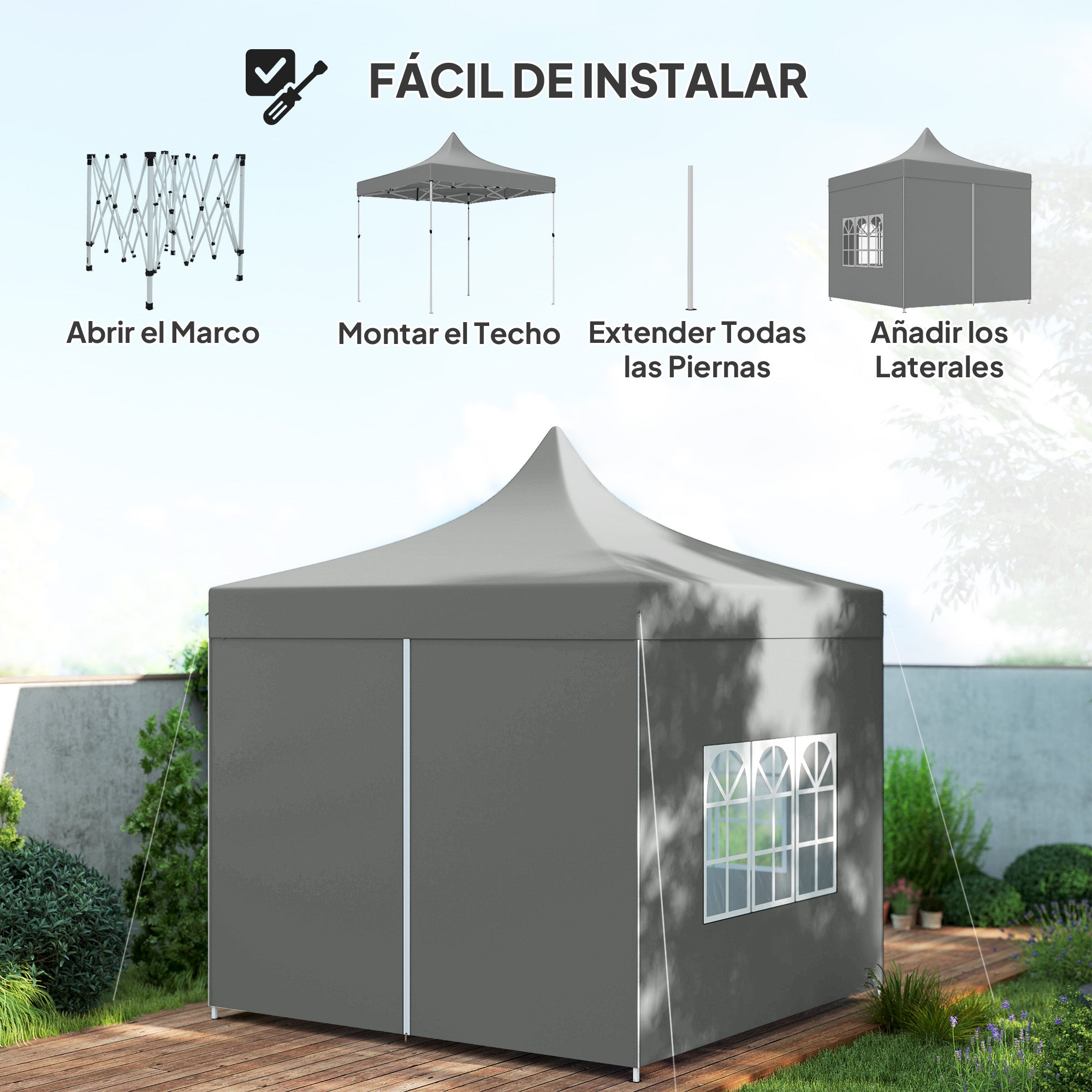 Pop-up Foldable Gazebo 3x3 m Foldable Canopy with 4 Anti-UV Side Walls Adjustable Height Robust Metal Frame and Carrying Bag for Camping Parties Gray