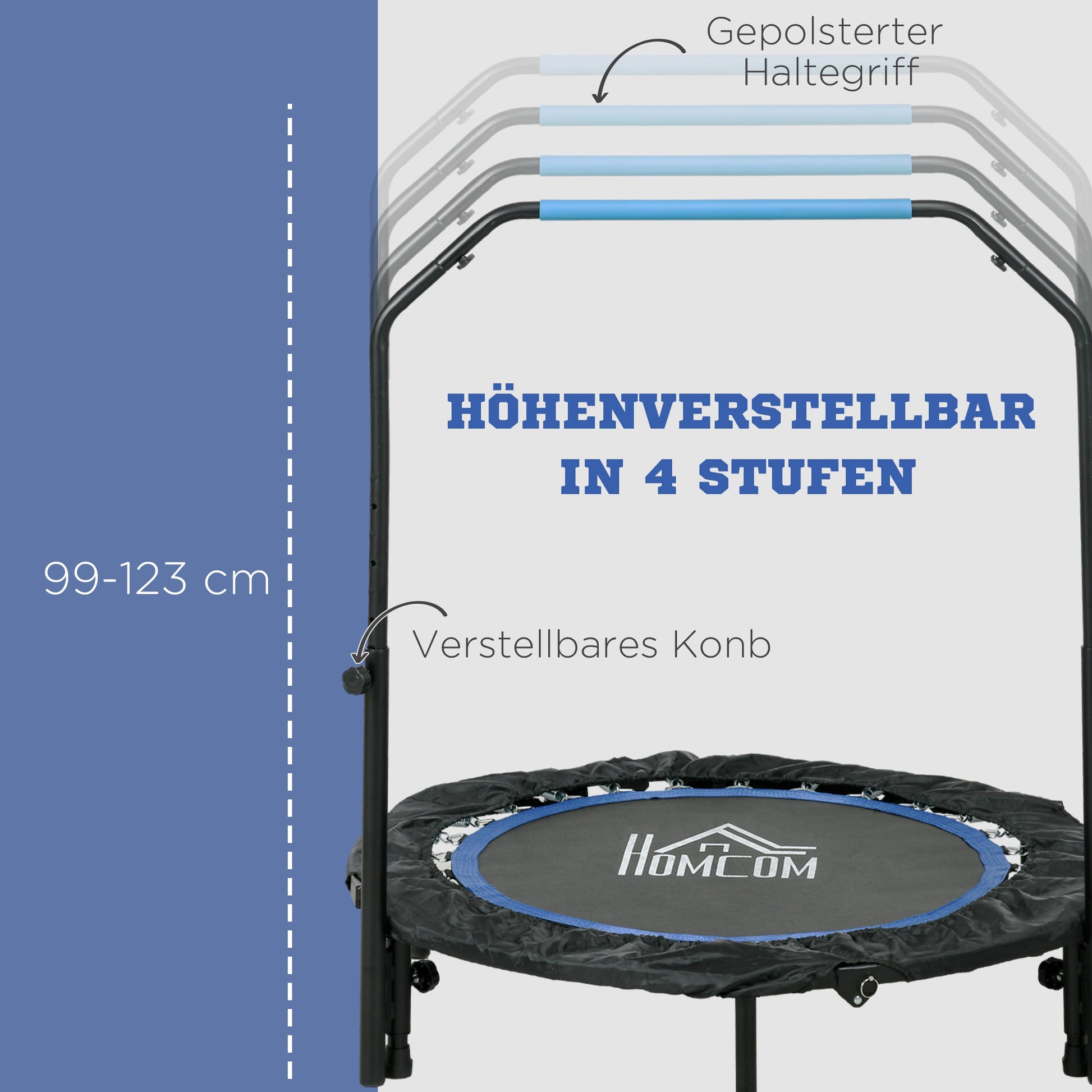 102 cm Fitness Trampoline, Foldable Mini Trampoline with Fourfold Adjustable Handlebar, Fitness Rebounder for Adults, up to 100 kg, Black+Blue